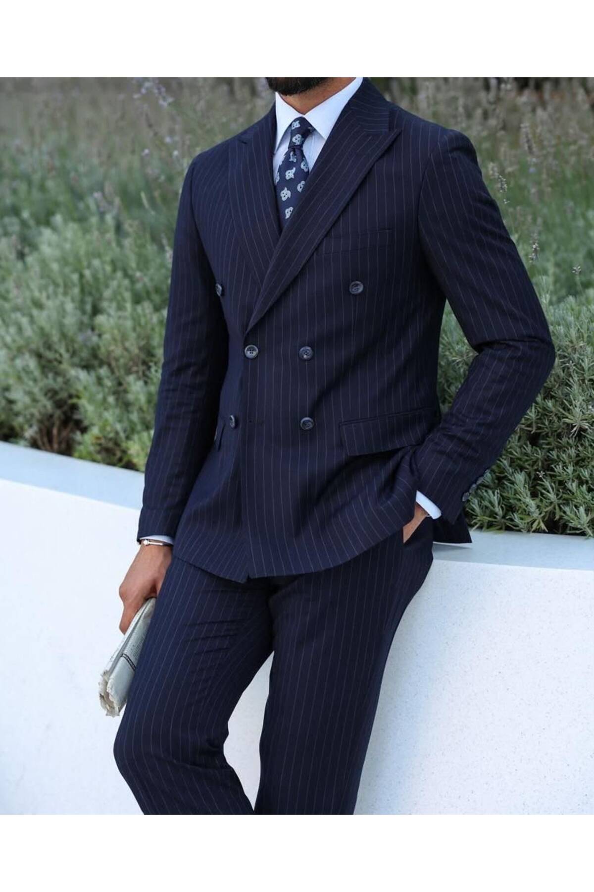 ilayda emir Luxury, Italian Cut, Slim Fit, Double Breasted, Swallow Collar, Striped, Men's Suit, Navy Blue
