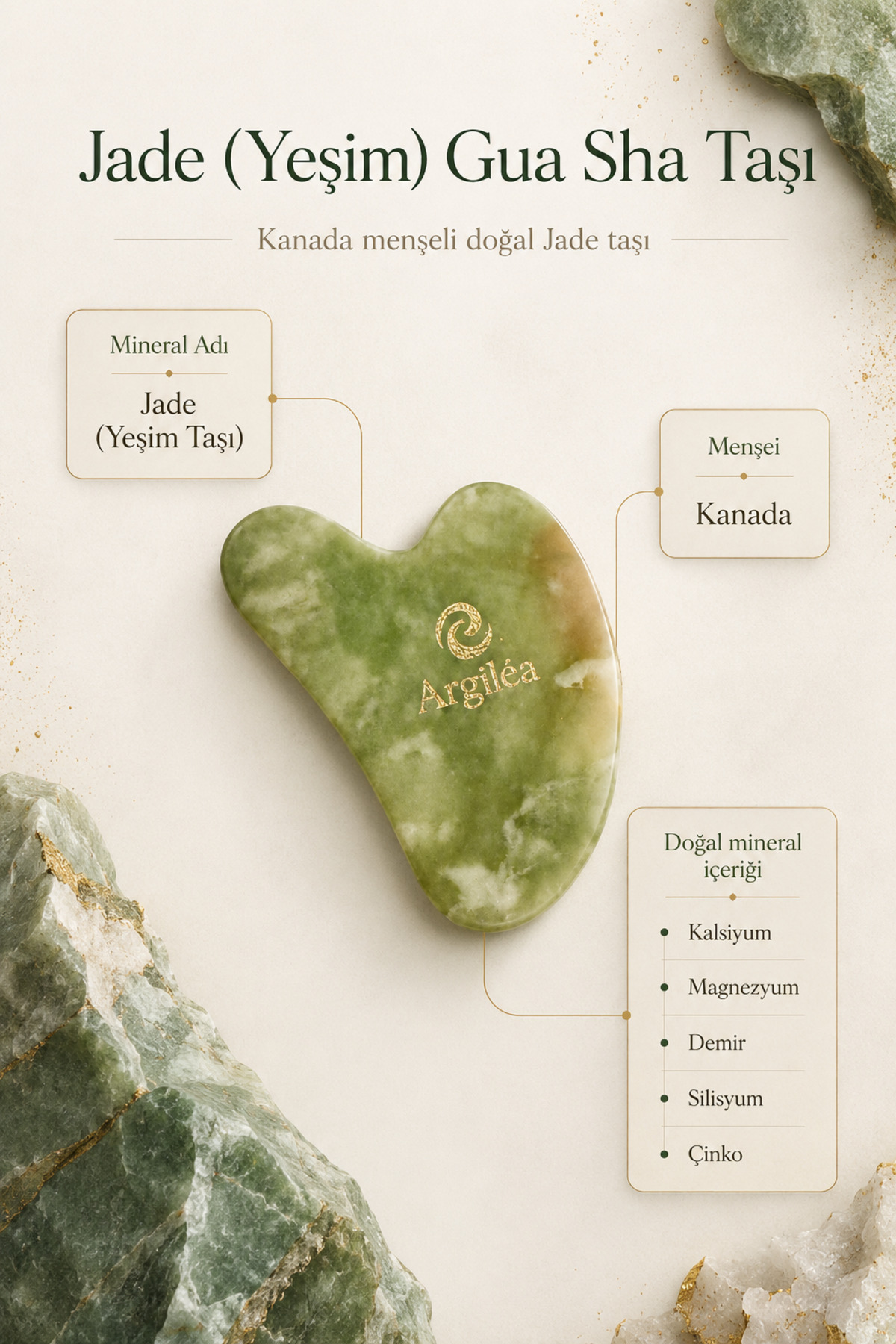 Jade Gua Sha Taşı, Doğal Yeşim, Ağır Metal Analizi Yapılmış Keseli Yüz Masaj Taşı — سبز ARG-JD-GS-CAN-01 — تصویر 5 از 6