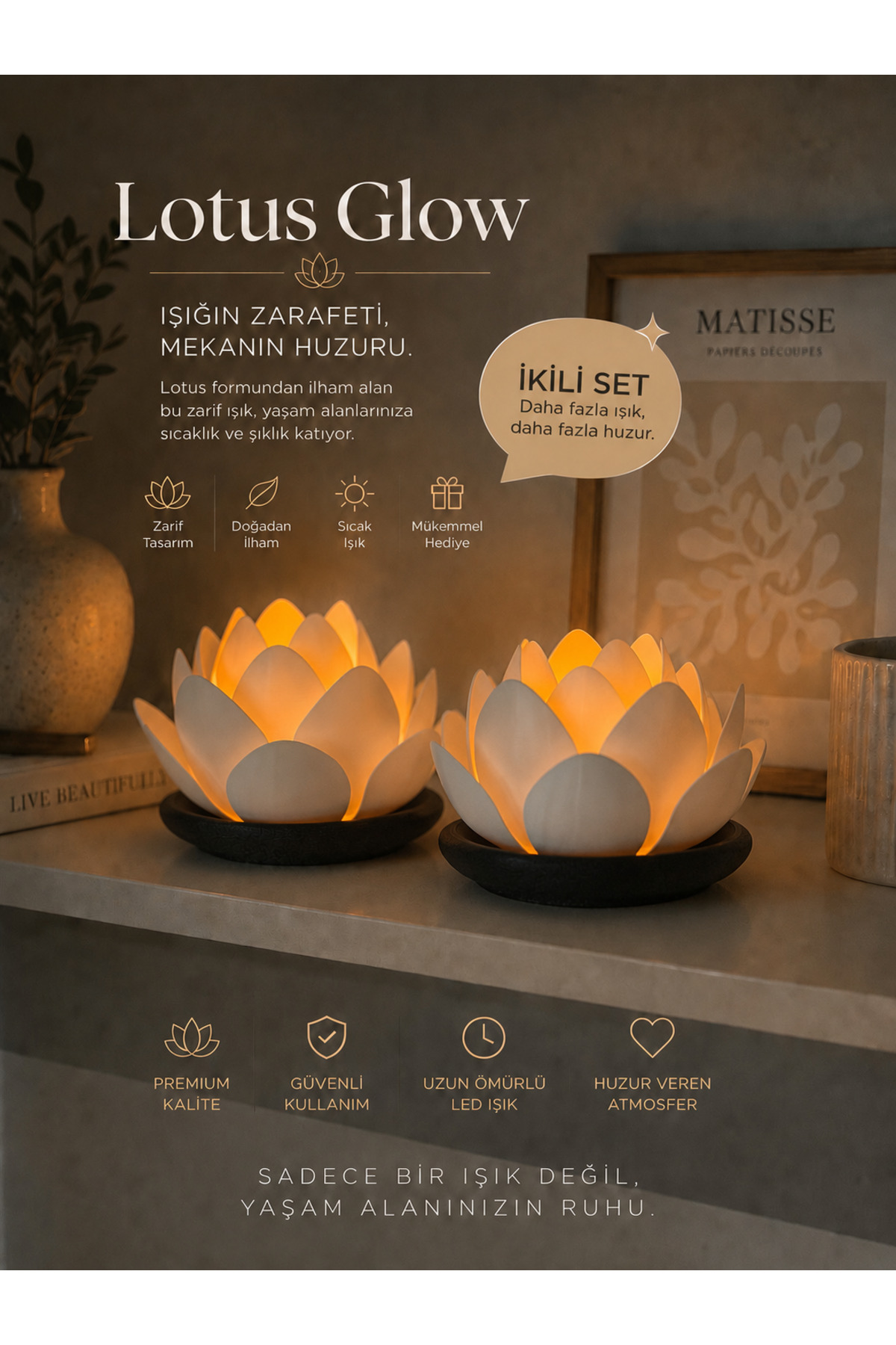 Lotus Double Set led Candle Holder – Decorative Lotus Flower Night Light – Bioplastic Design – 8.5 x 7 cm ne
