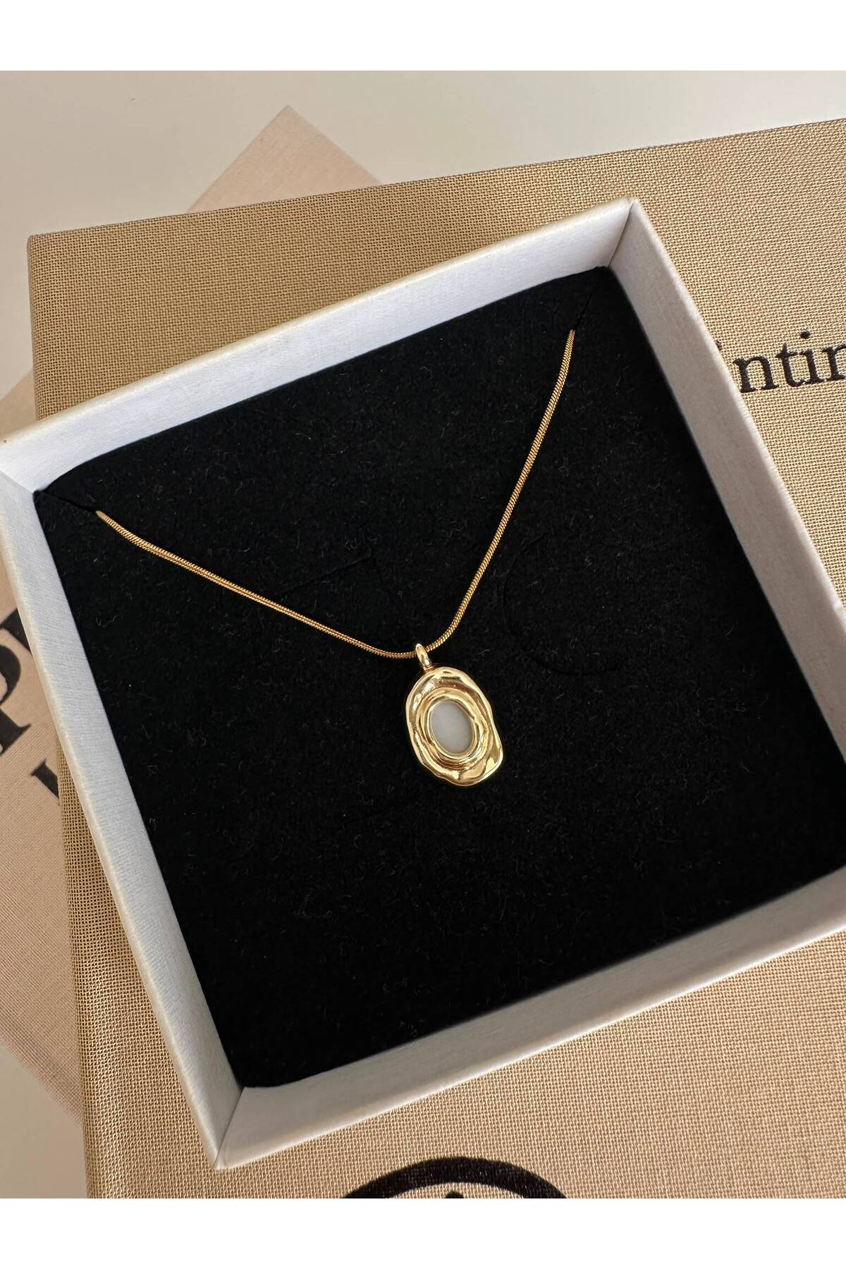 Minimal Sedefli Oval Plaka Charm Çelik Zincirli 45 cm Yazlık Gold Kolye - Detay Görseli 1