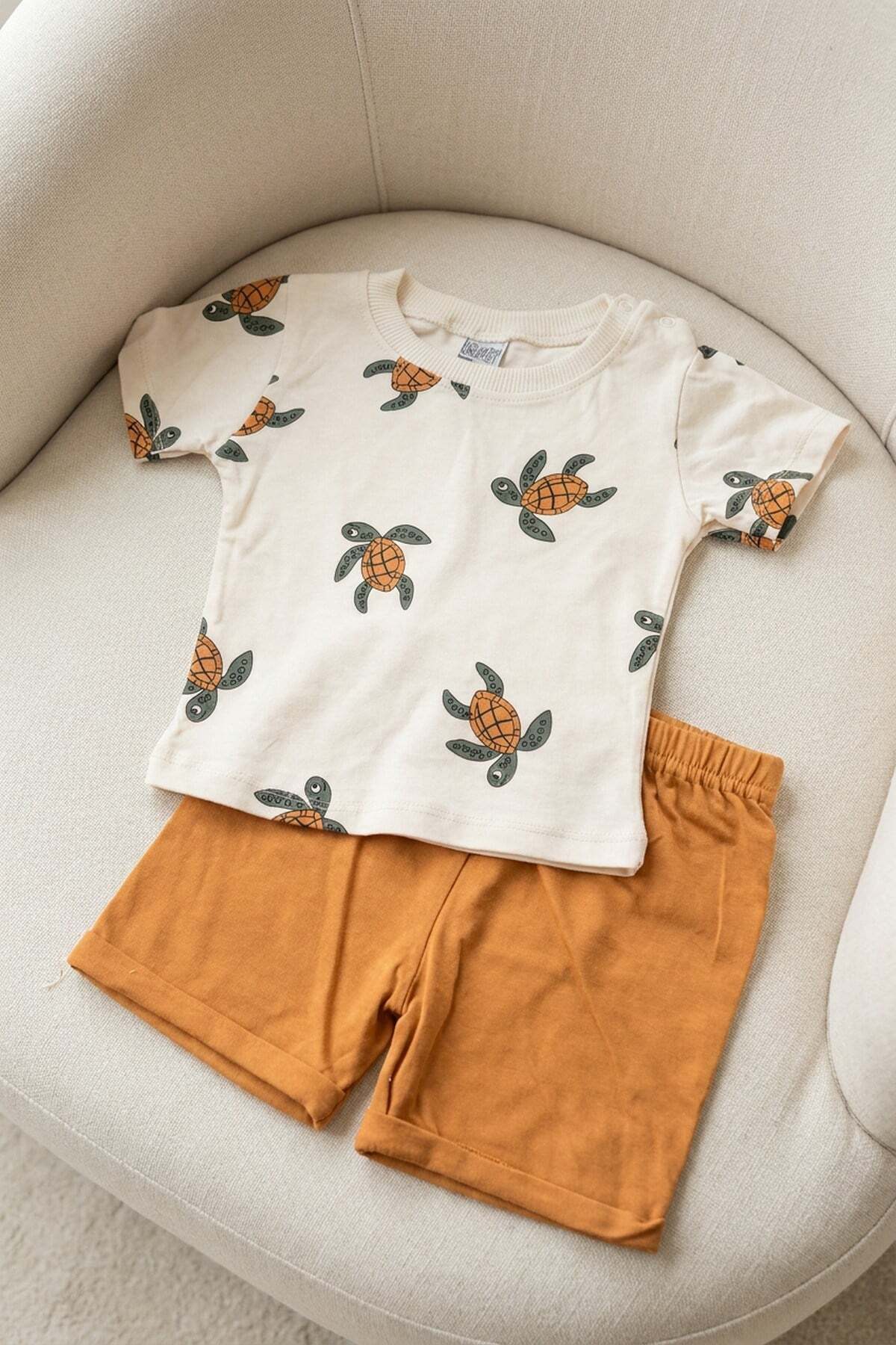 dinamik çocuk Baby Boy Turtle Patterned 2-Piece Summer Set Cotton Short Sleeve T-Shirt Shorts Bottom Top Set 3-6-