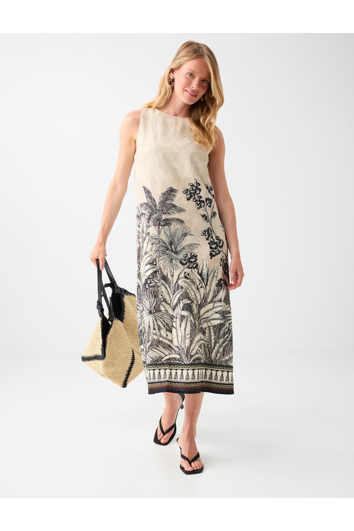 Jimmy Key Stone Linen Blend Patterned Sleeveless Midi Dress