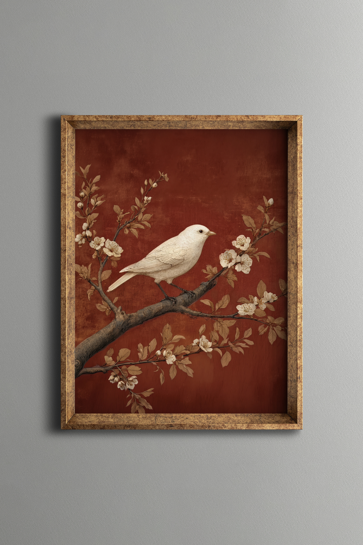 White Bird and Flowering Branch Table - Vintage Patterned Frame - Thin Model