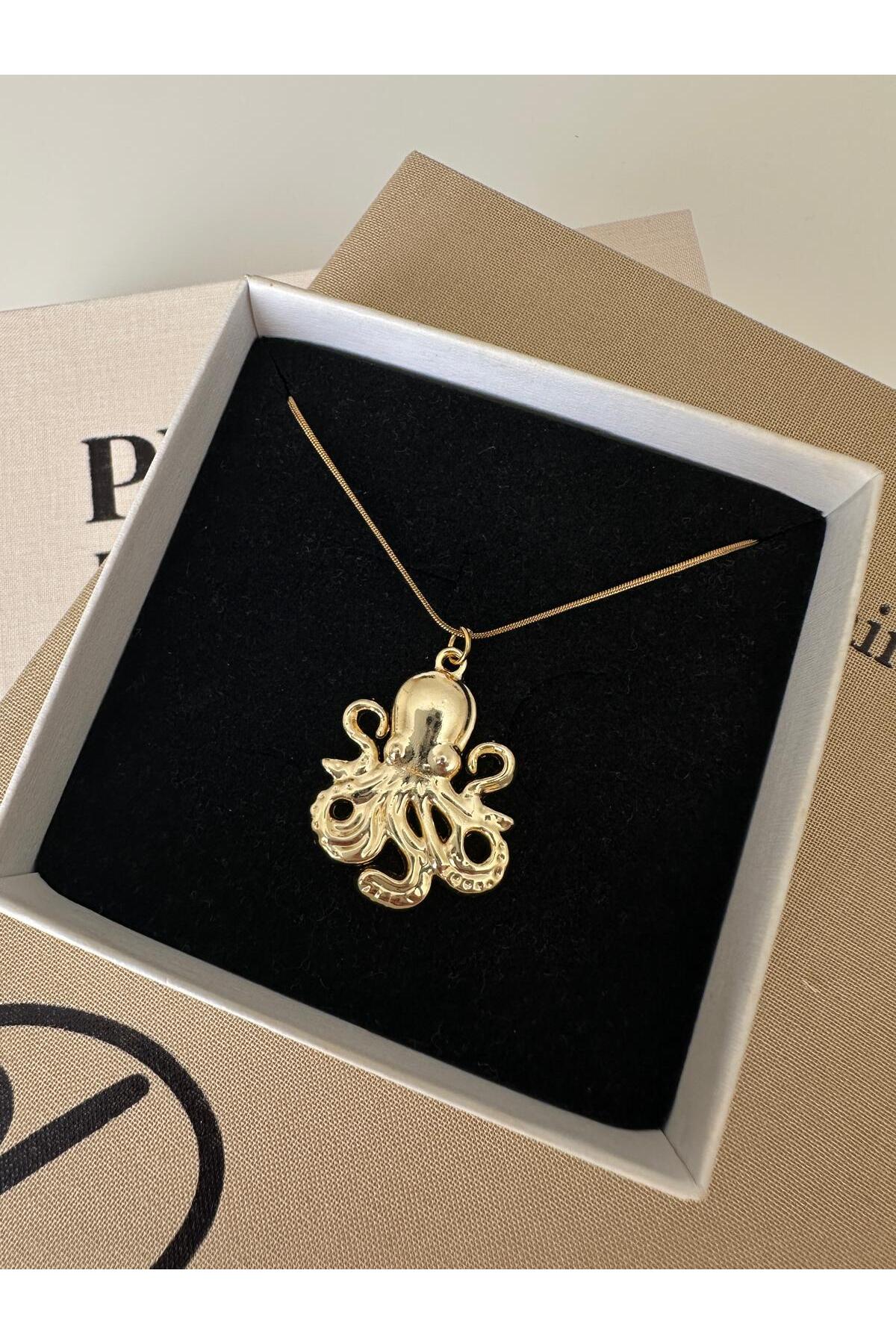 Ahtapot Charm Çelik Zincirli Gold Kadın Kolye (45 Cm) - Detay Görseli 3