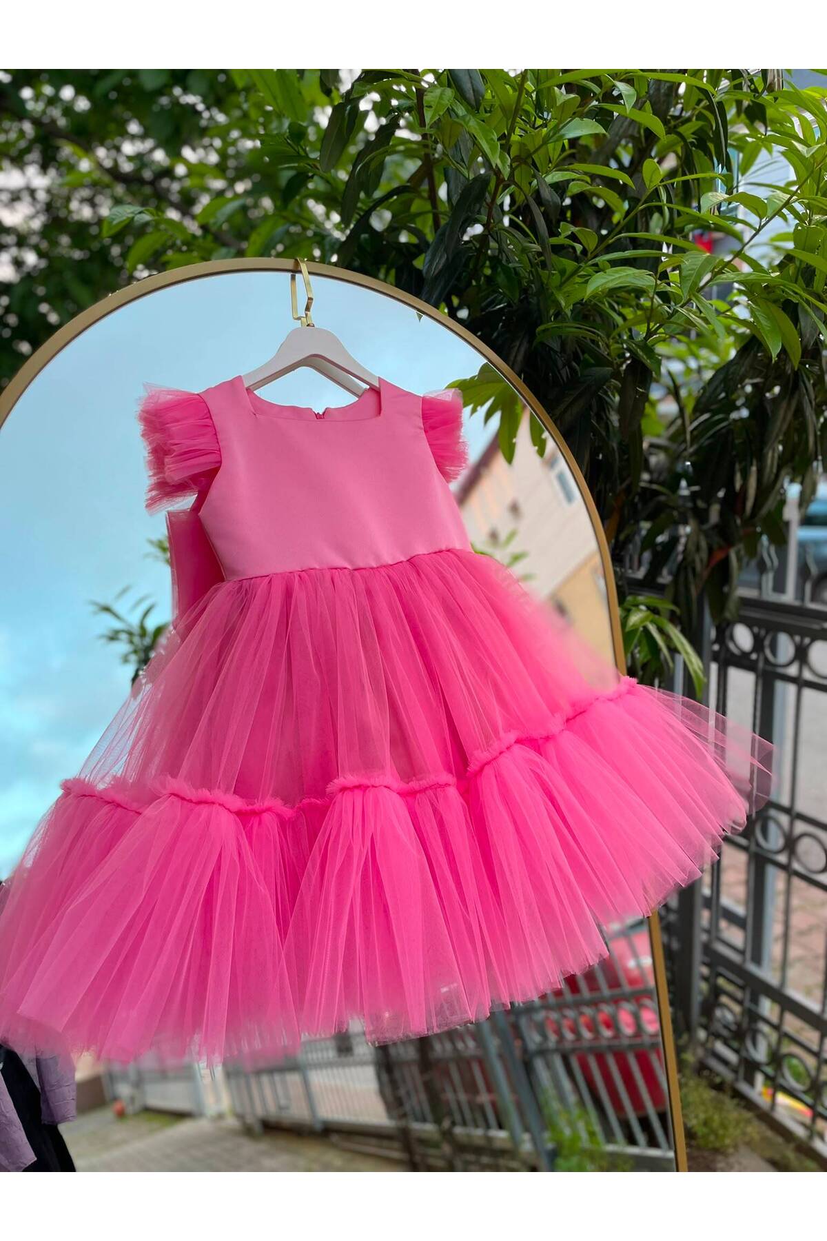 Sare Çocuk Giyim Pembe Kız Çocuk Kabarık Tütü Abiye Elbise Doğum Günü Prenses Elbisesi + Toka