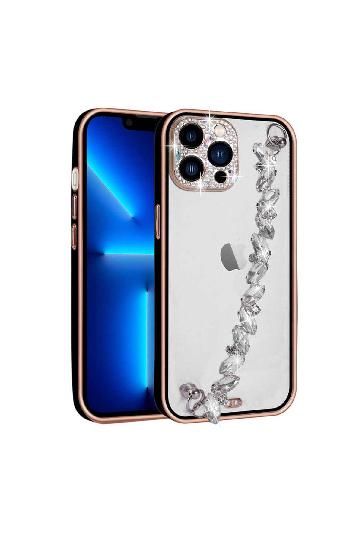iPhone 13 Pro Max Uyumlu Taş Süslemeli Kamera Korumalı El Tutamaçlı NVTH Blazer Kılıf-Siyah