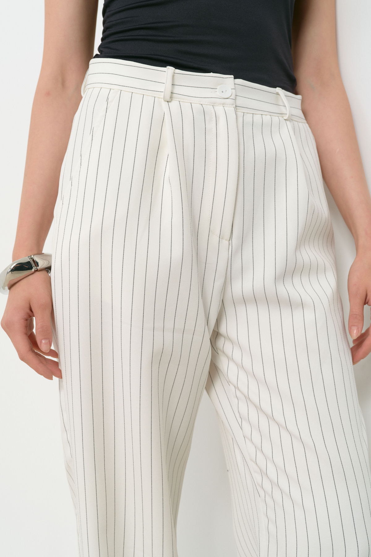 Çizgili Kumaş Pantolon - Beyaz