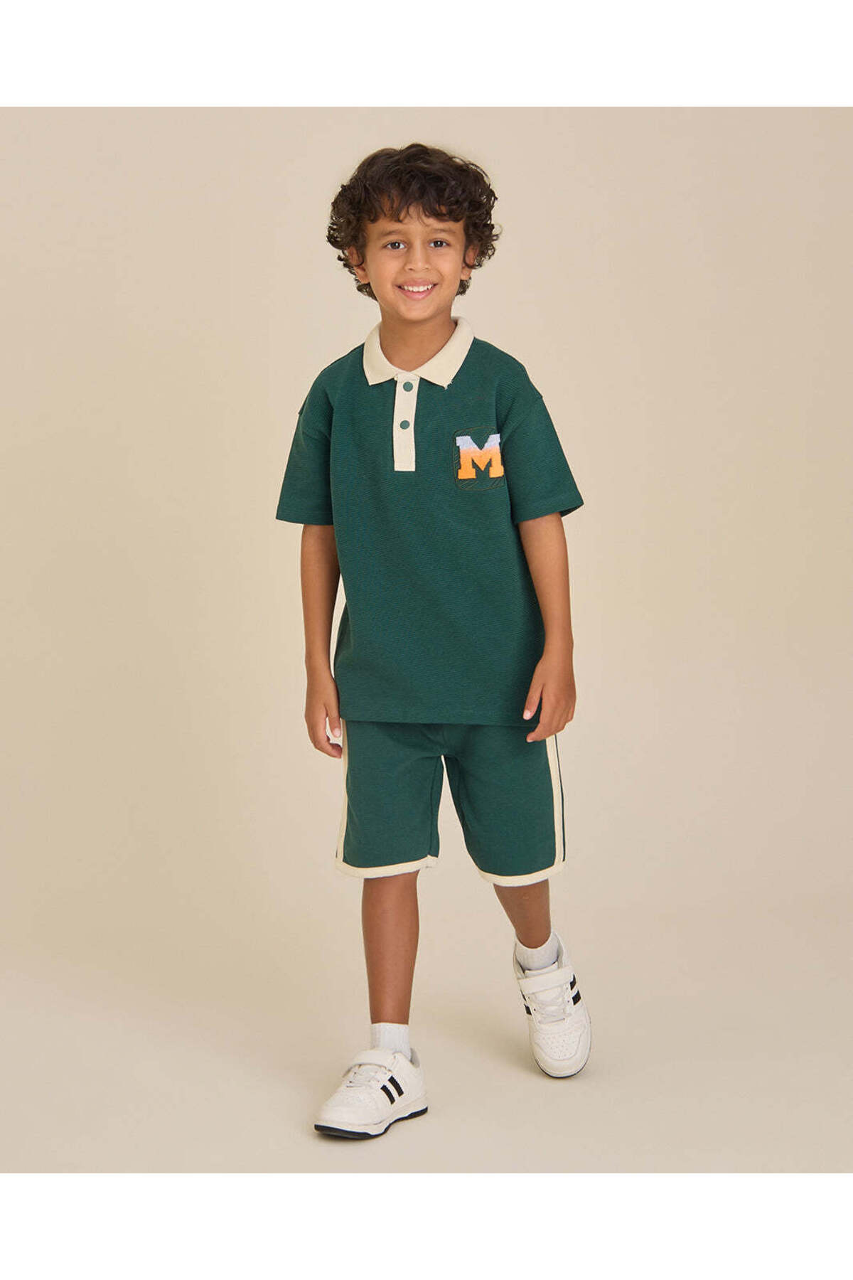 REDTAG Boys Green Ottoman Polo And Shorts Set