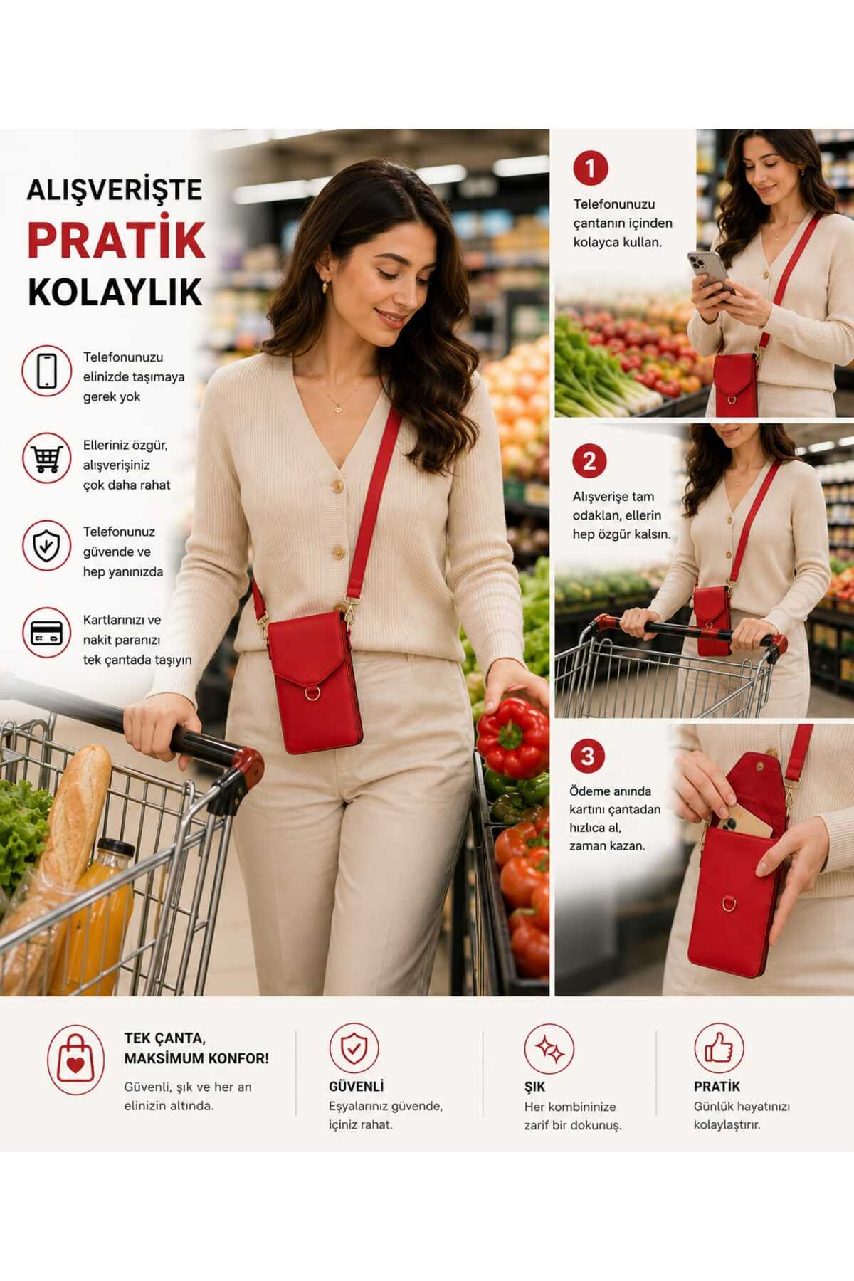VitaMood Yaşam Dokunmatik Ekran Telefon Çantası Kadın Omuz ,Çapraz, Askılı Kartlıklı Cüzdan Bölmeli Çanta görsel 6
