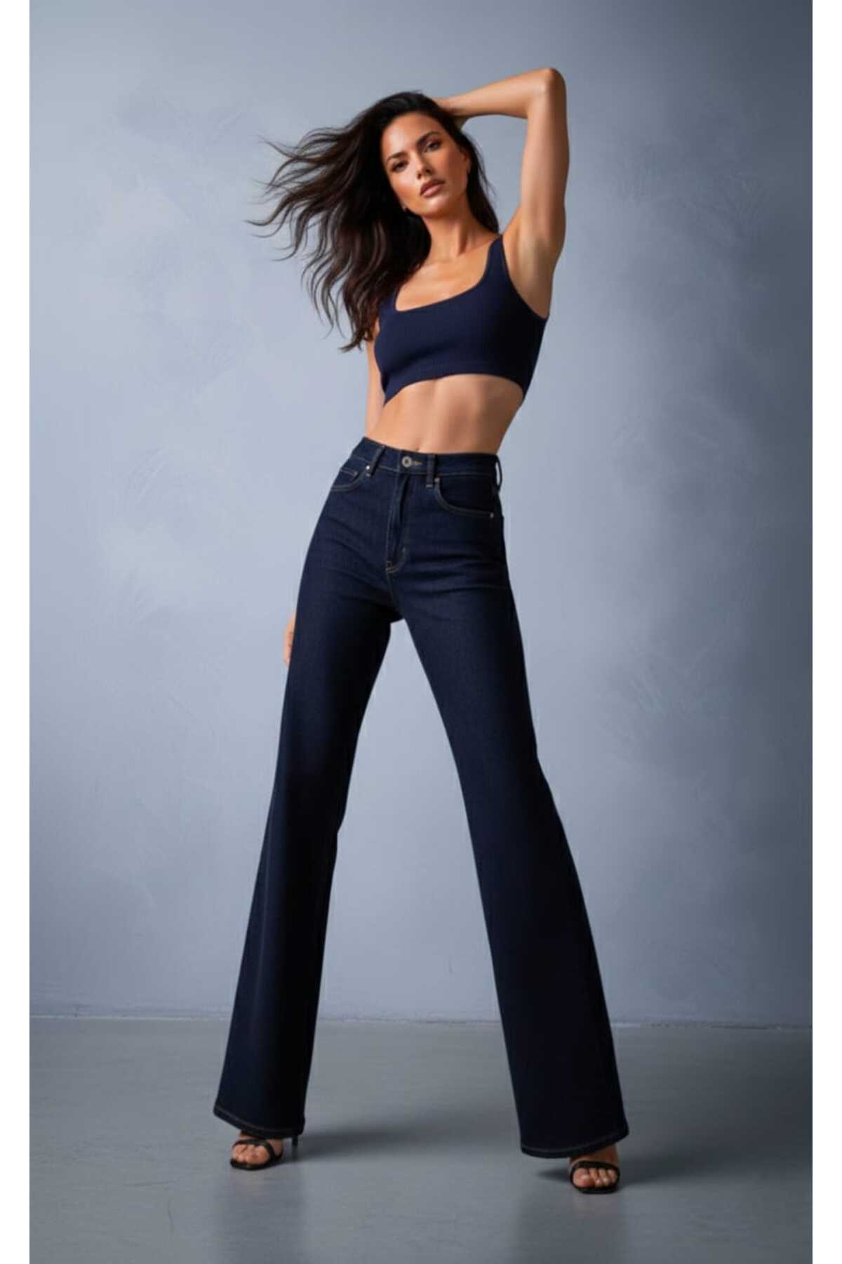 Lighter Jeans Kadın Yüksek Bel Likralı Lacivert Bol Paça Jean Pantolon, Esnek Denim Rahat Kalıp görsel 2