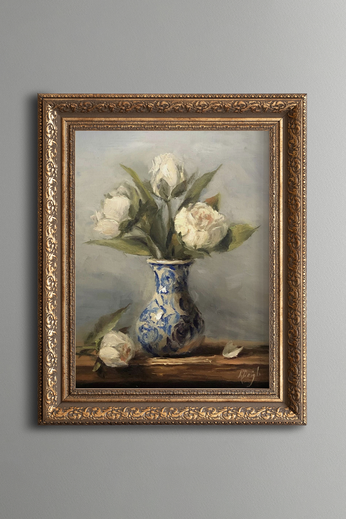 White Roses in a Blue Vase - Vintage Painting - Thick Model