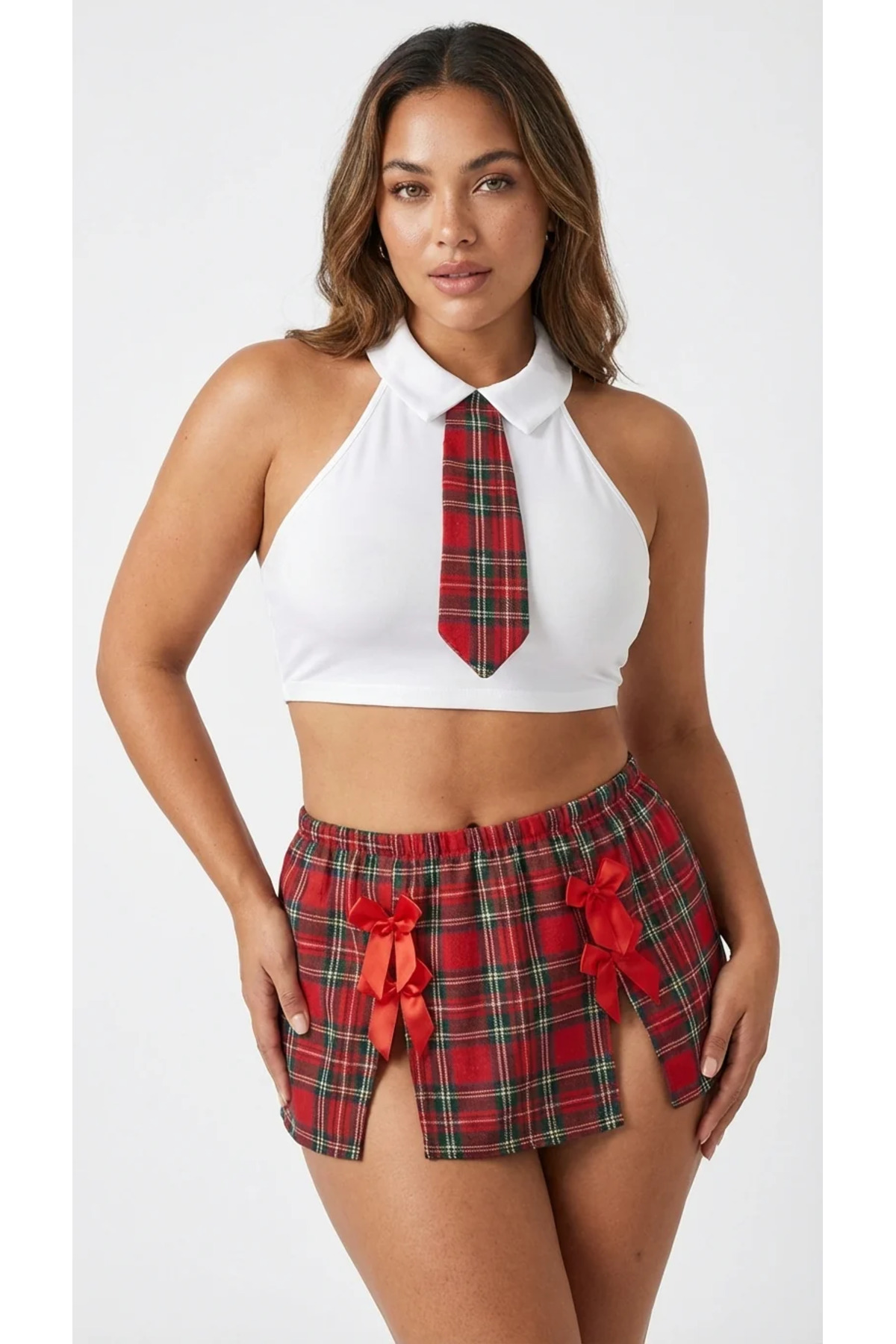 Plus Size Kırmızı Kareli Kostüm Set - Boyundan Bağlamalı Büstiyer Takım 2