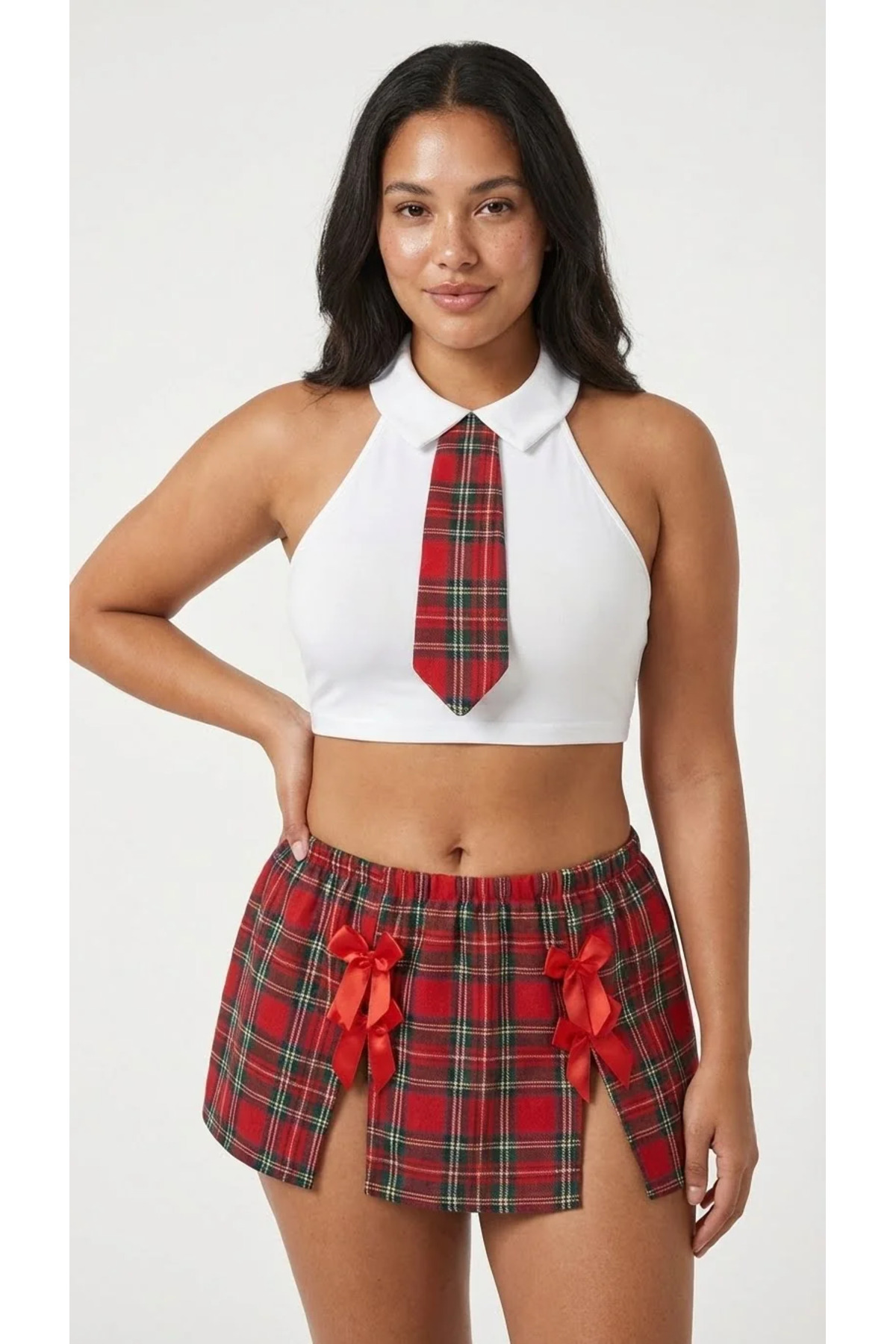 Plus Size Kırmızı Kareli Kostüm Set - Boyundan Bağlamalı Büstiyer Takım 6