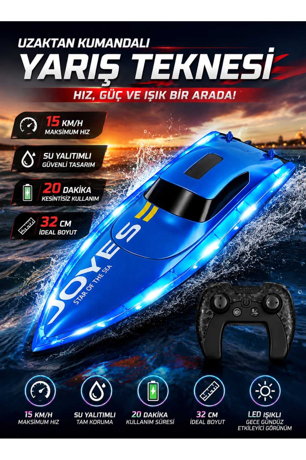 Aksoy Toys Uzaktan Kumandalı 15 Km/Hız Yapan Yarış Teknesi Led