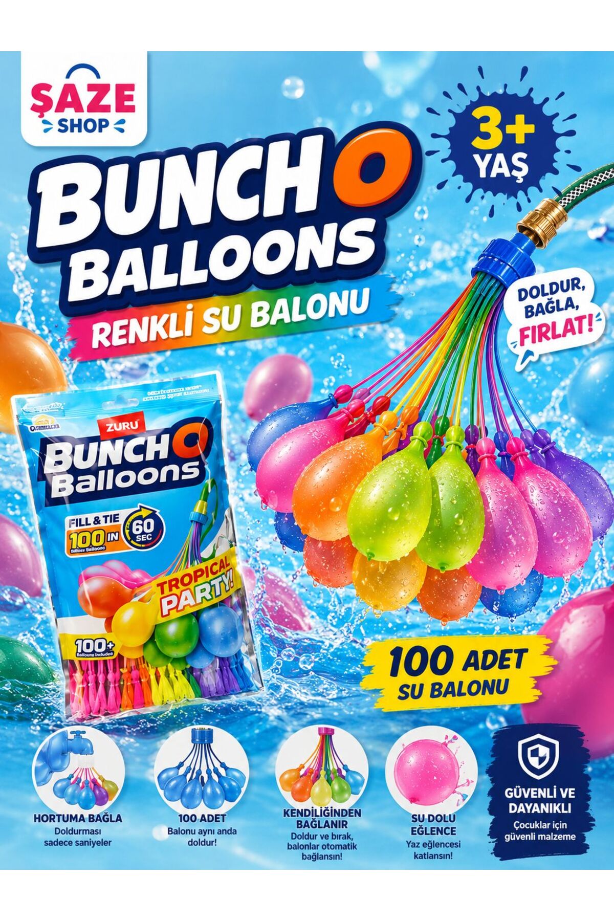 Bunch O Balloons Colorful Water Balloon 100 Pieces 3+ Years Fast Filling Self Tying Water Balloon Set