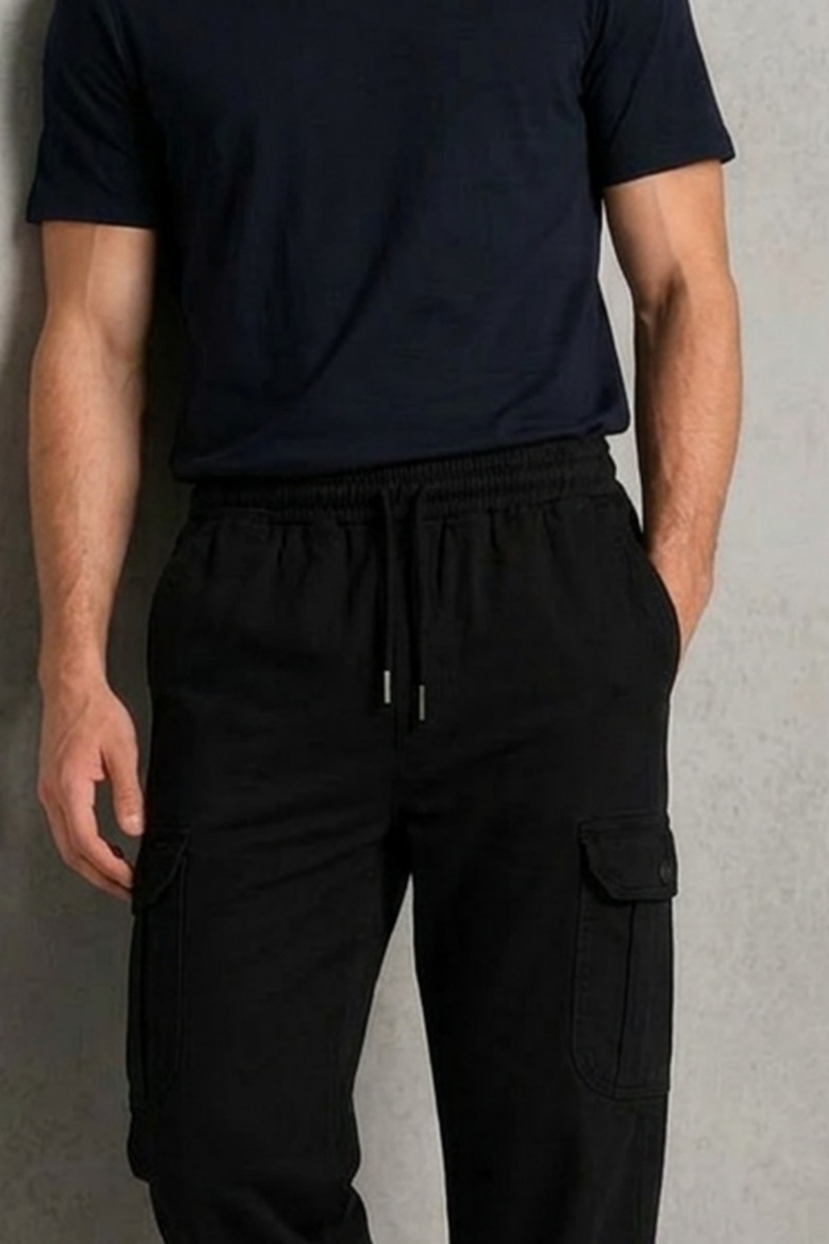 DAMGA JEANS Erkek Beli Lastikli Siyah Kargo Keten Pantolon görsel 6