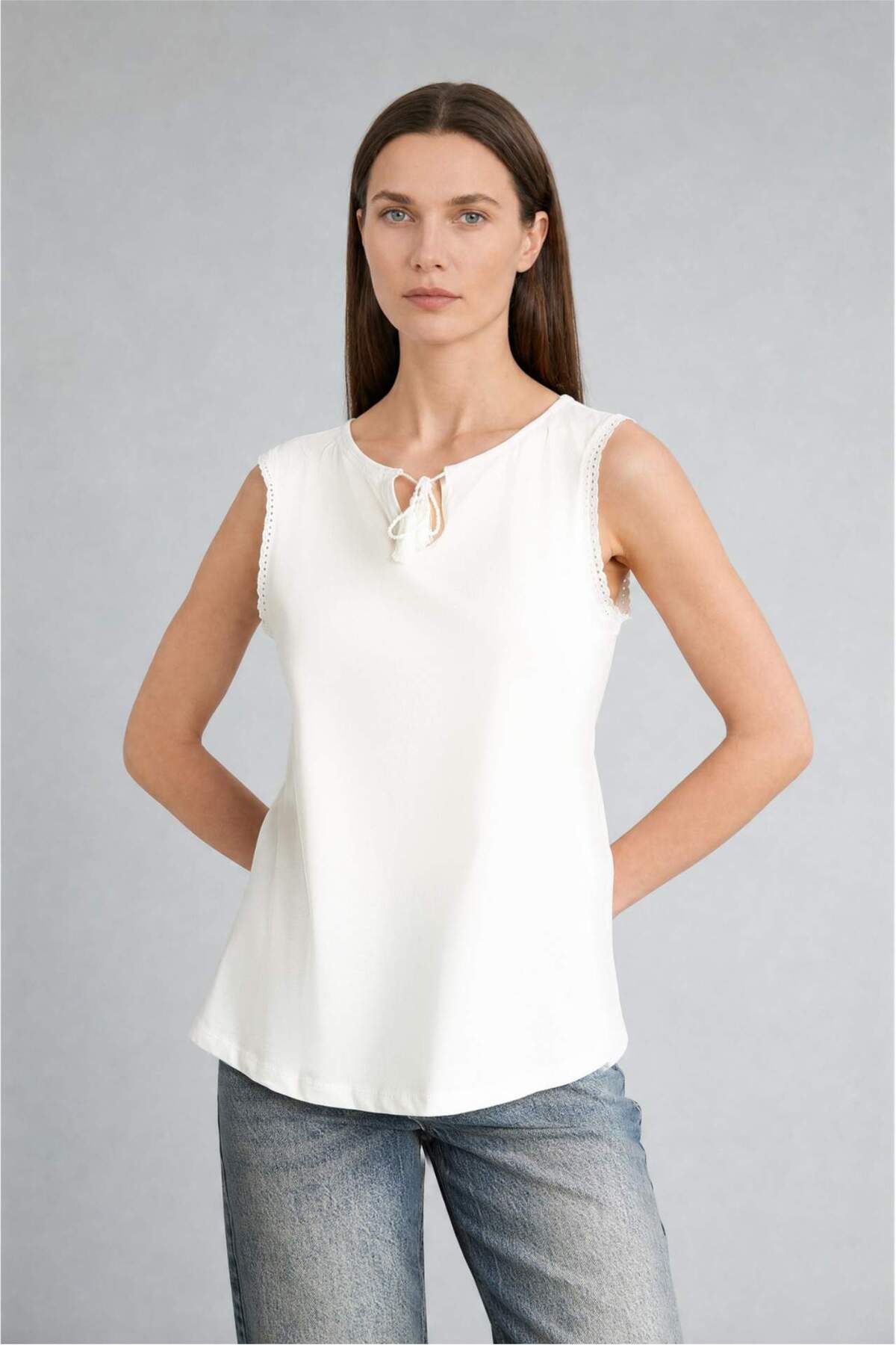 100% Cotton Regular Hernia Crew Neck Combed Cotton Ecru Blouse H5718AX26SM