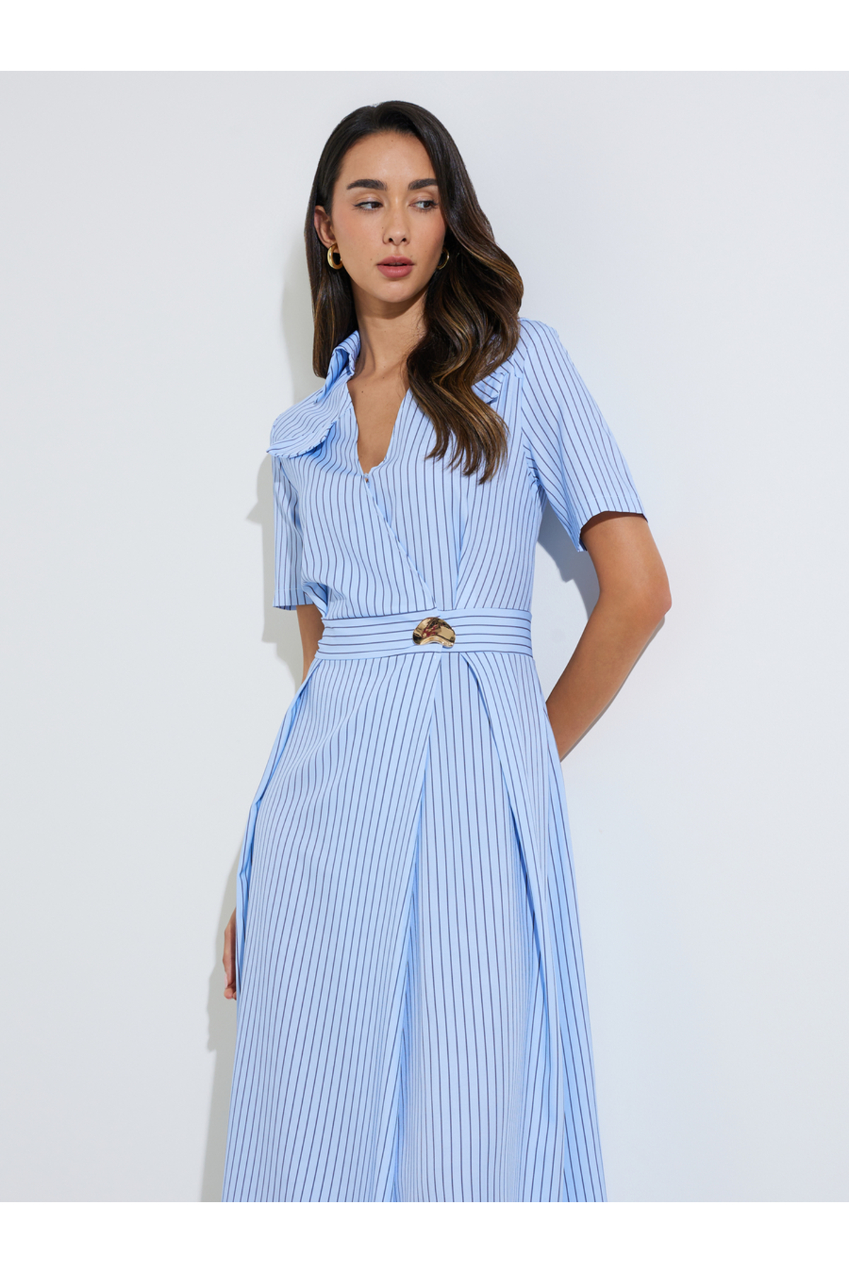 Styli Blue Striped Casual Shirt Midi Dress