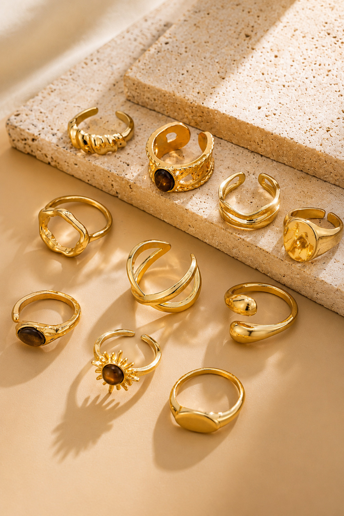 TREND COLLECTİON 10’lu Gold Ayarlanabilir Yüzük Seti - Vintage Kadın VİP Yüzük Set görsel 7