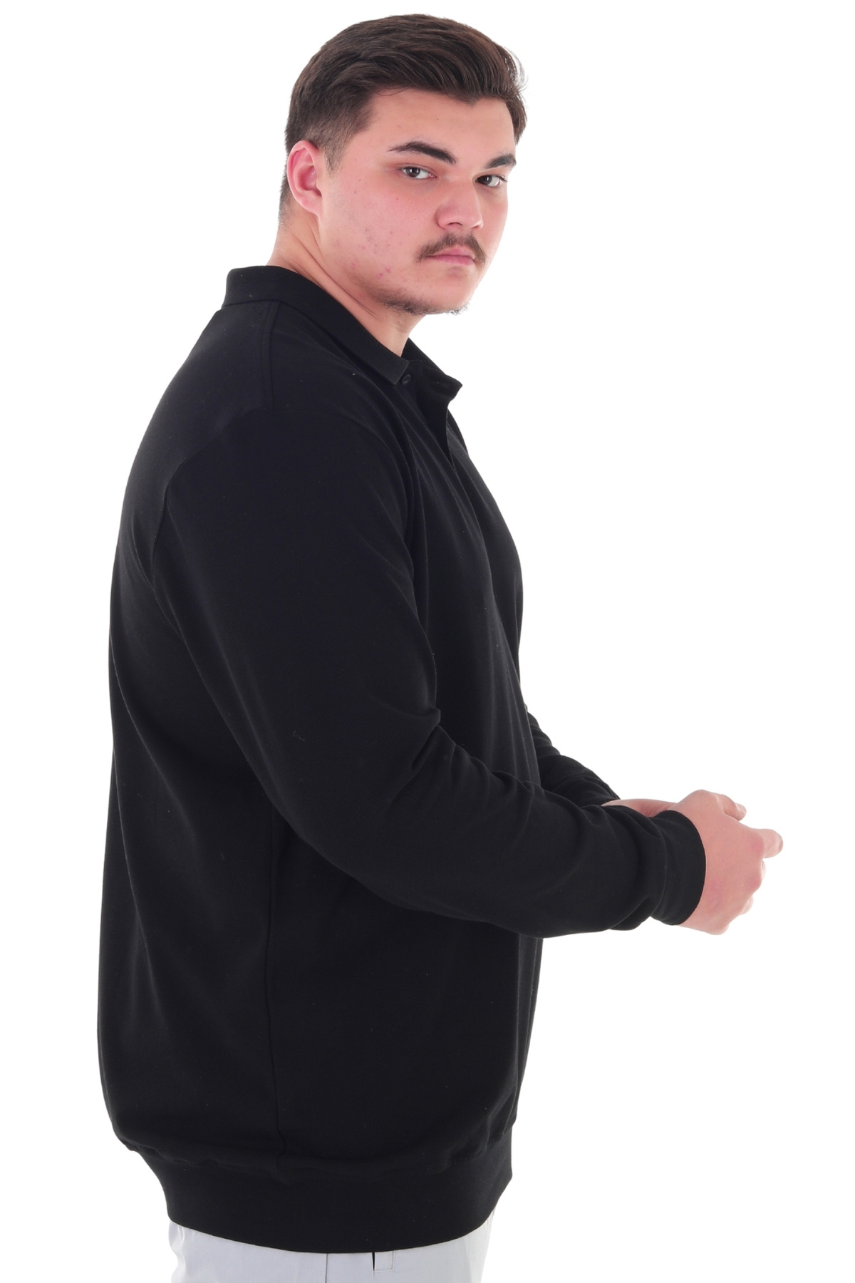 marufshop Erkek Büyük Beden 115-155 Kilo Arası İçin Uygun Uzun Kol Polo Yaka Mevsimlik Sweatshirt Siyah görsel 2