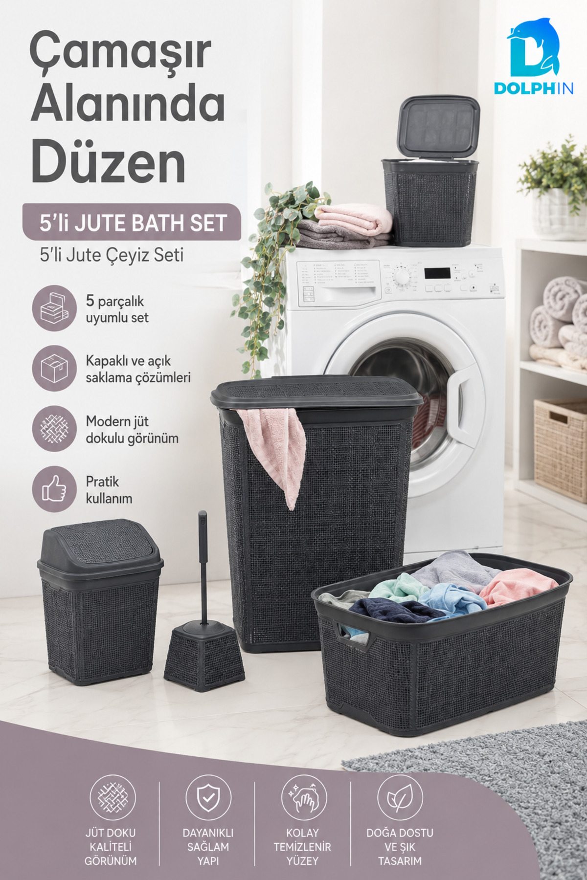 DolphFin Jute Çeyiz Seti 5'li Plastik Banyo Mutfak Dolap İçi