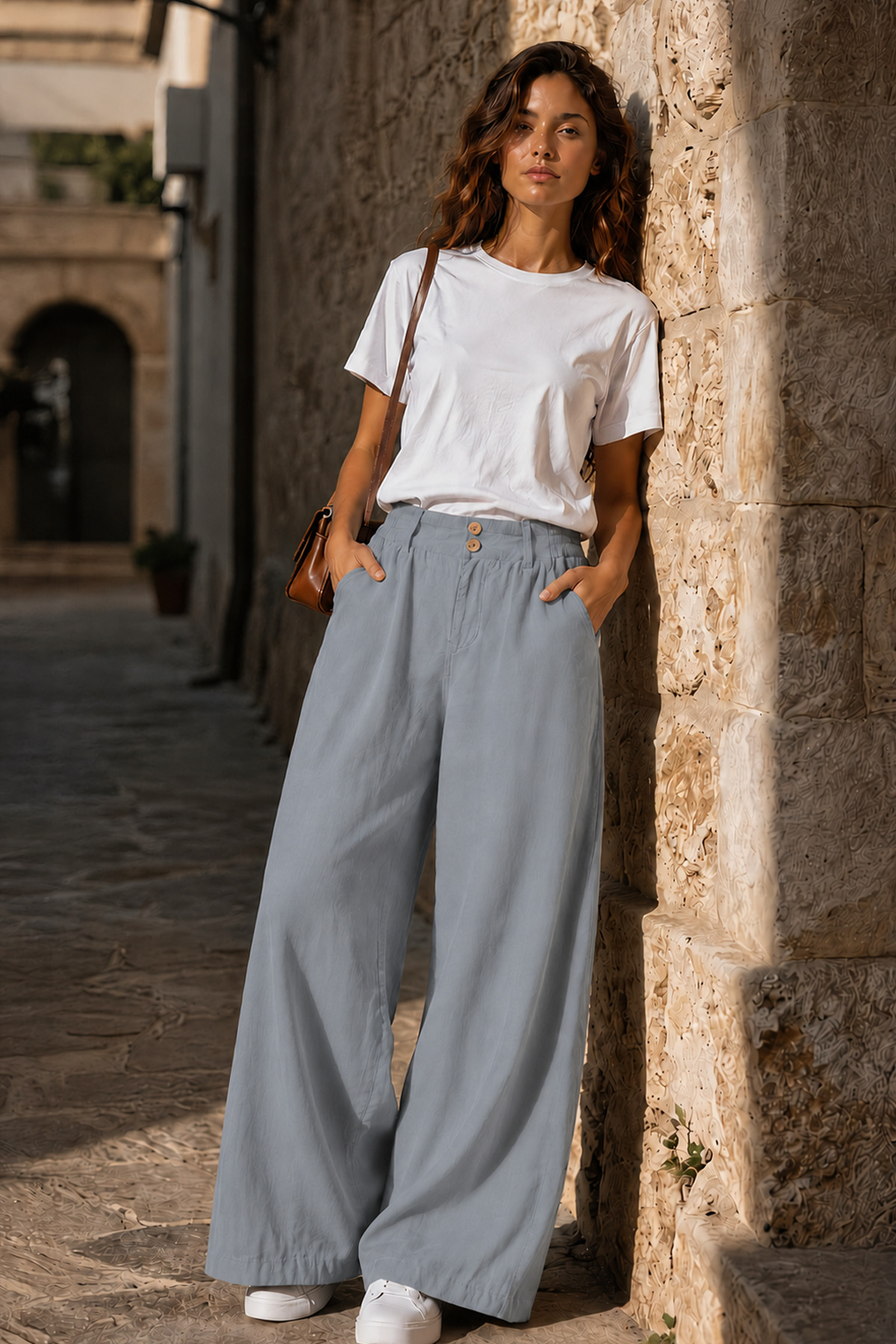 Denvy Denim Kadın Bulut Mavisi Çift Düğme Detaylı Palazzo Pantolon