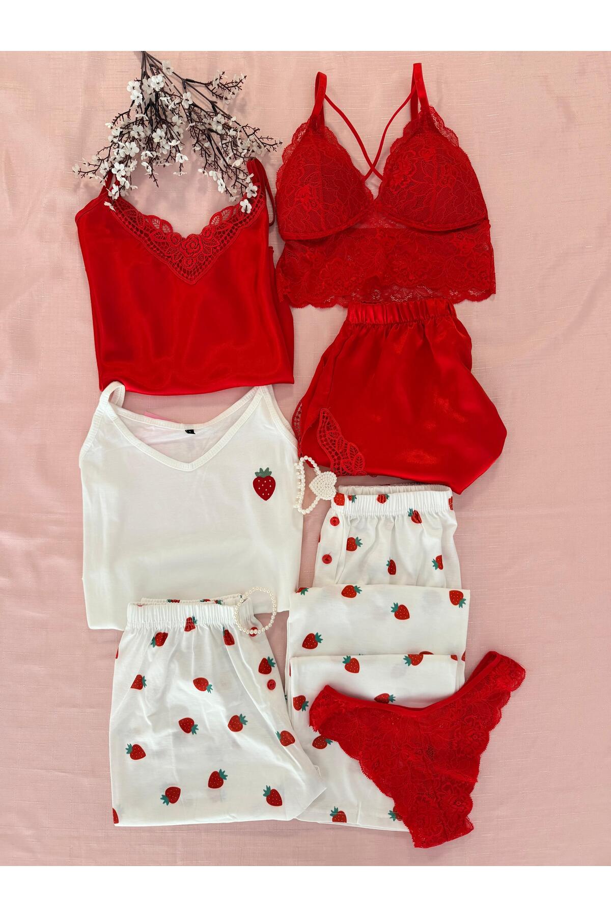Boxed 7-Piece Strawberry Satin Pajamas Underwear Dowry Set