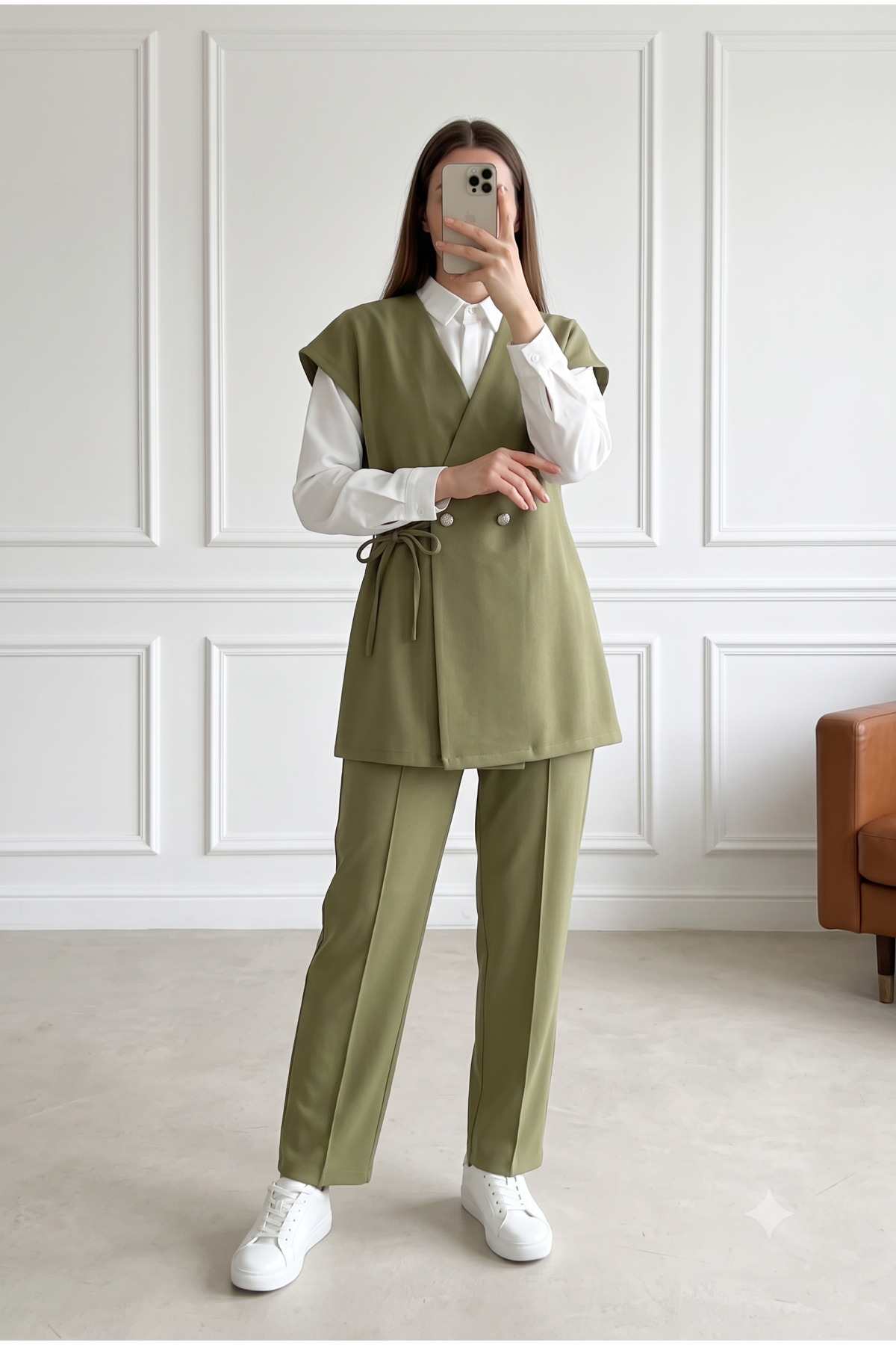 MODAQU Lace-Up Double Crepe Vest and Trousers Set - Khaki