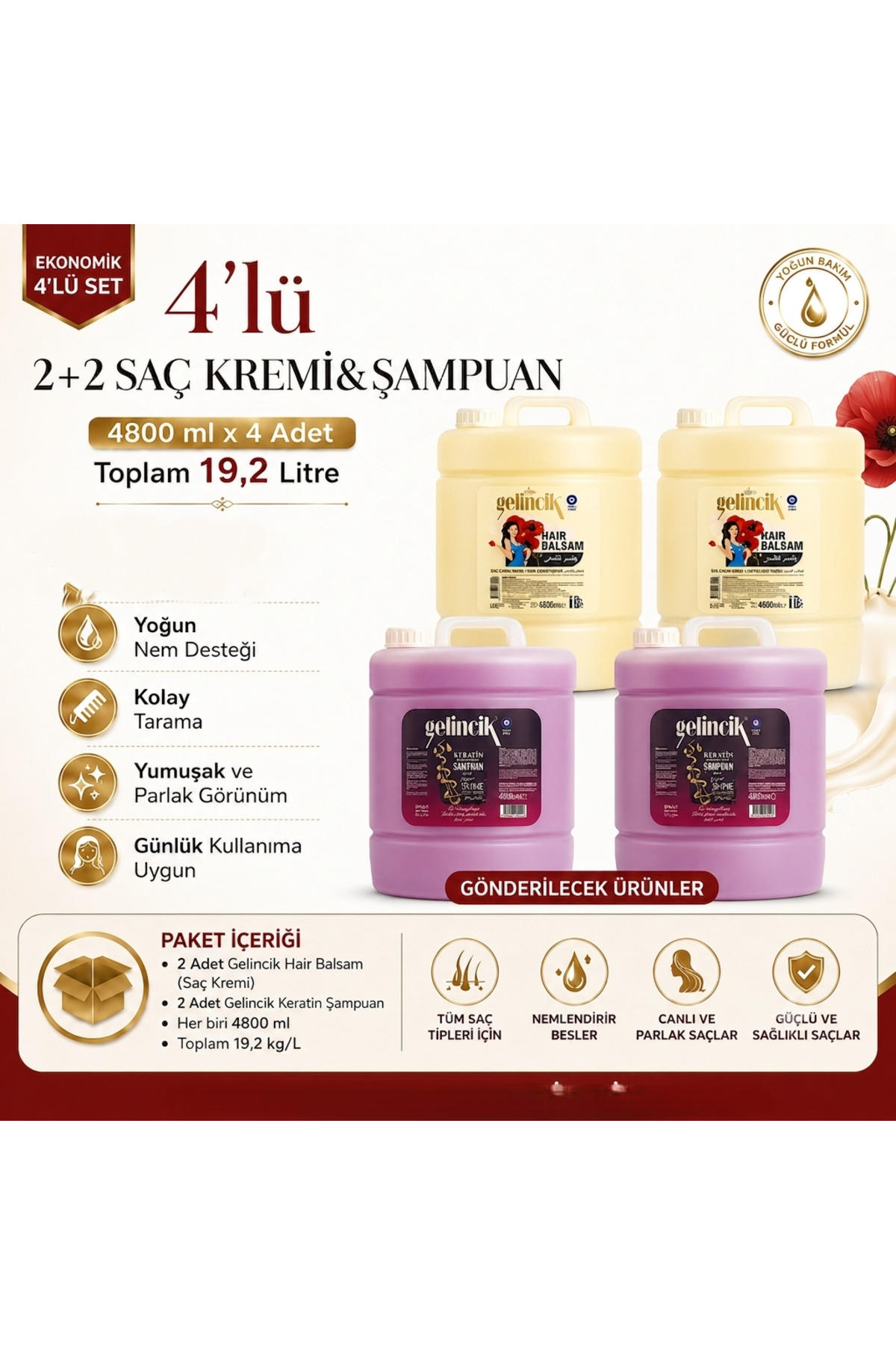 Gelincik KERATİNLİ ŞAMPUAN - SAÇ KREMİ - EKONOMİK 4'LÜ SET 2+2 - 4AD*4800ML - TÜM SAÇ TİPLERİ İÇİN — GELİNCİK4LÜSETKERATİNLİ