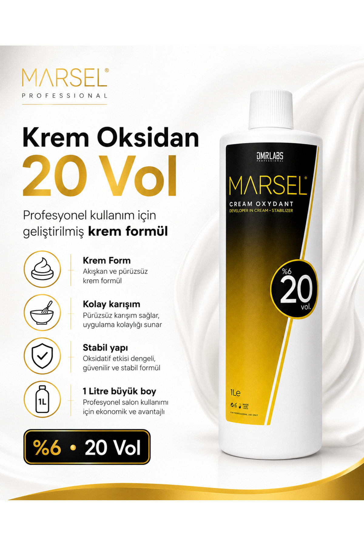 Marsel %6 20 Vol Krem Oksidan 1 Litre 1000 ml ev kullanımı için Saç Boyama Oksidan Krem — marsel20 — تصویر 3 از 3