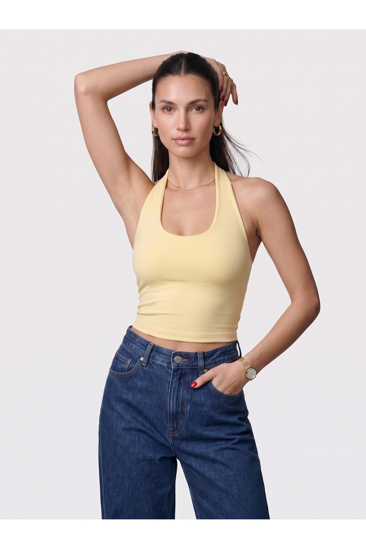 Kadın Halter Yaka Dar Kalıp Sırt Dekolteli Slim Fit Basic Body - Sarı