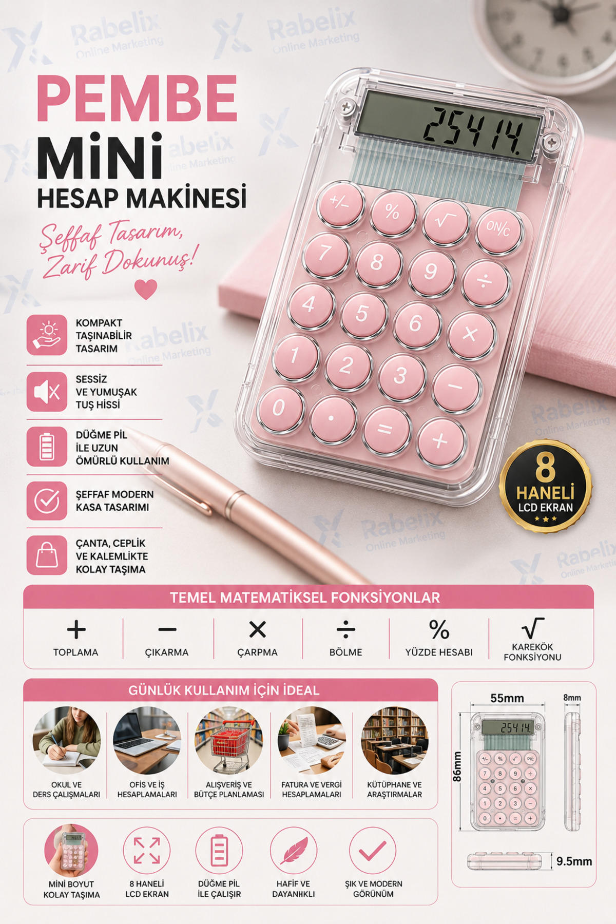 Rabelix Online Marketing Şeffaf Pembe Mini Hesap Makinesi 8 Haneli LCD Ekran Cep Boy Hesap Makinesi Ofis Okul Masaüstü Hesap Makinesi