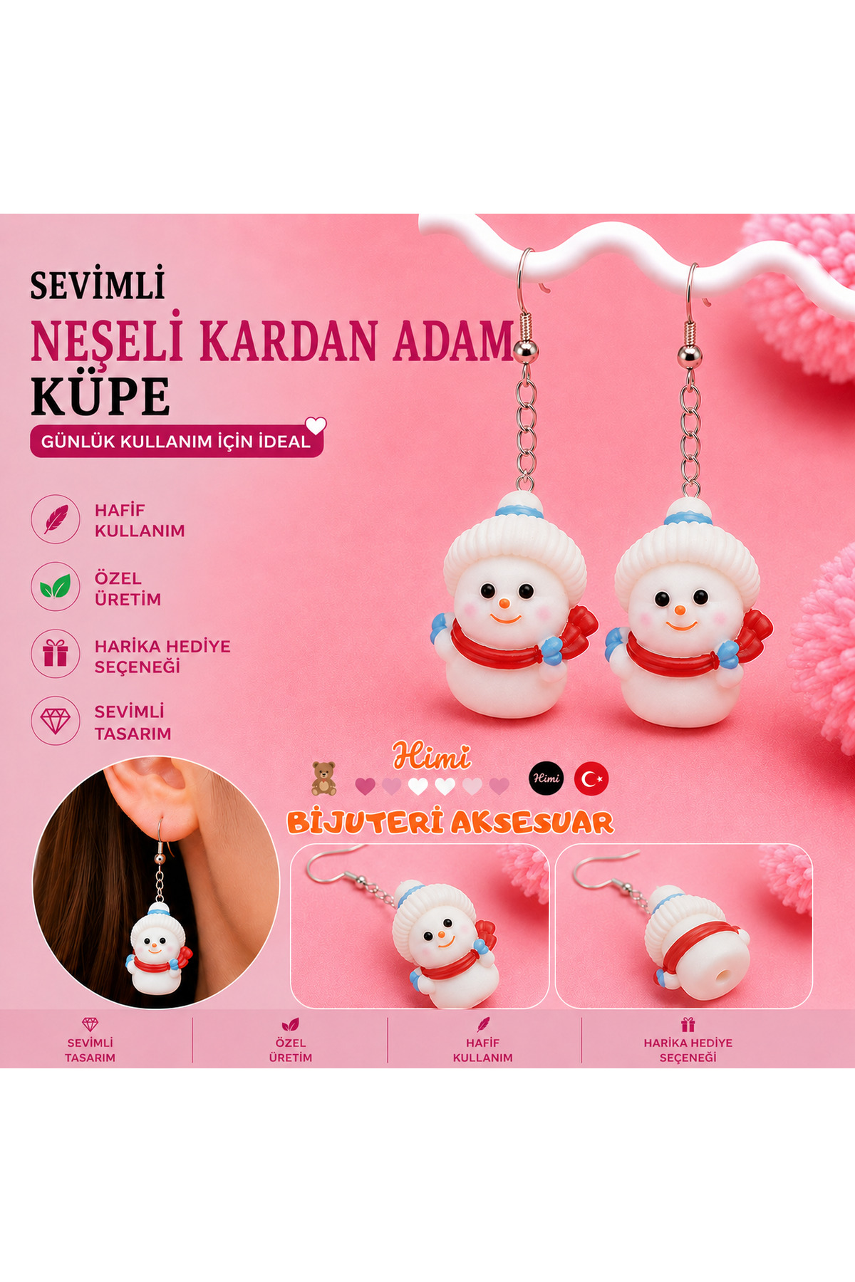 Neşeli Kardan Adam Figürlü Sallantılı Küpe Hafif Tasarım Günlük Kullanım Bijuteri Çocuk Küpesi