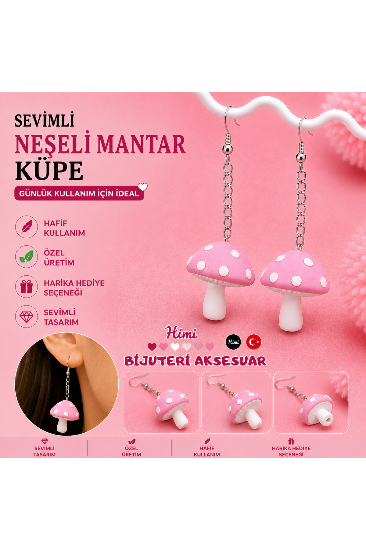 Neşeli Sevimli Pembe Mantar Figürlü Sallantılı Küpe Hafif Tasarım Günlük Kullanım Bijuteri Çocuk Küpesi