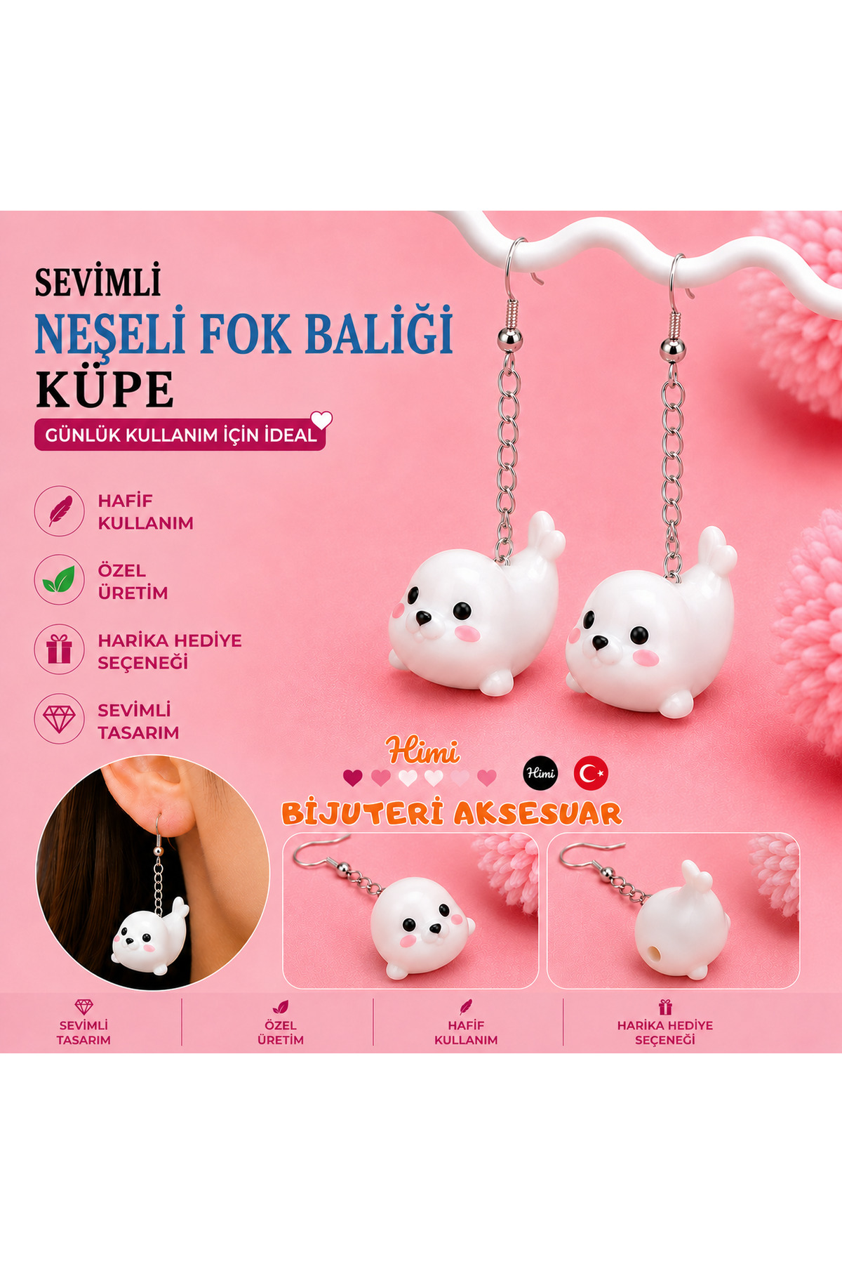 Neşeli Fok Balığı Hayvan Figürlü Sallantılı Küpe Hafif Tasarım Günlük Kullanım Bijuteri Çocuk Küpesi