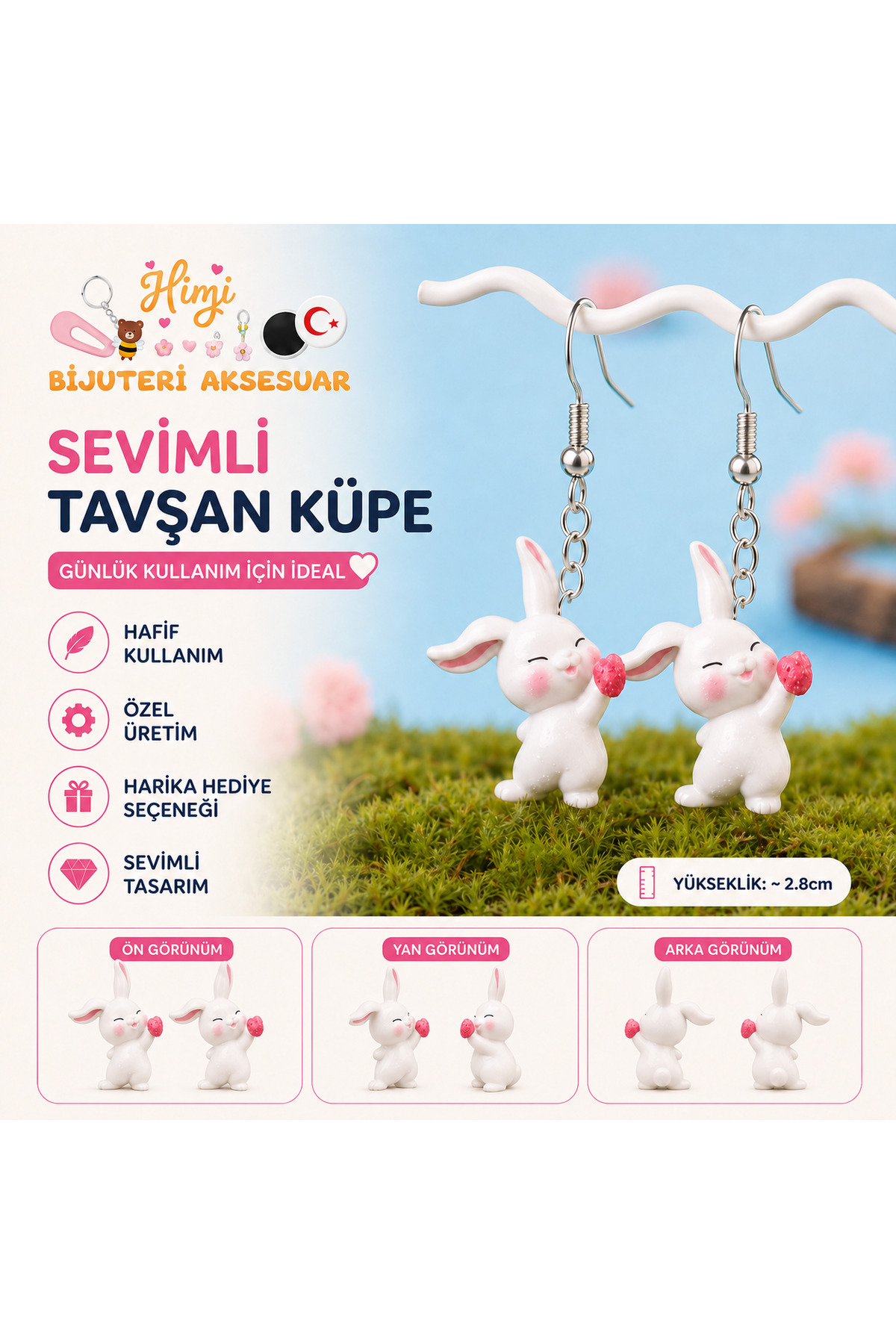 Neşeli Kalbim Sende Tavşan Hayvan Figürlü Sallantılı Küpe Hafif Tasarım Günlük Kullanım Bijuteri Çocuk Küpesi