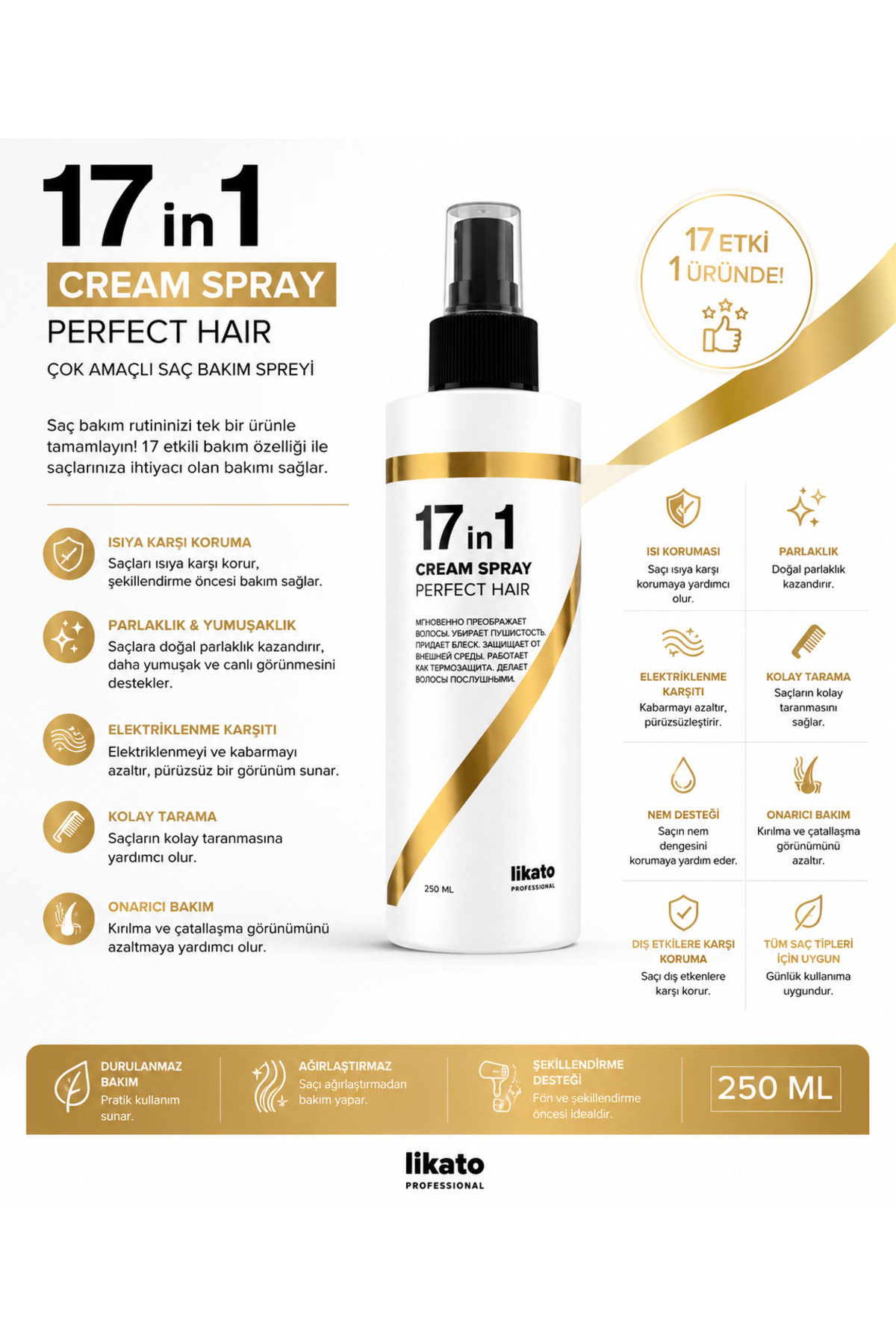 Likato Professional 17 in 1 Cream Spray Perfect Hair – Çok Amaçlı Saç Bakım Spreyi | 250 ml — 8214 — تصویر 2 از 2