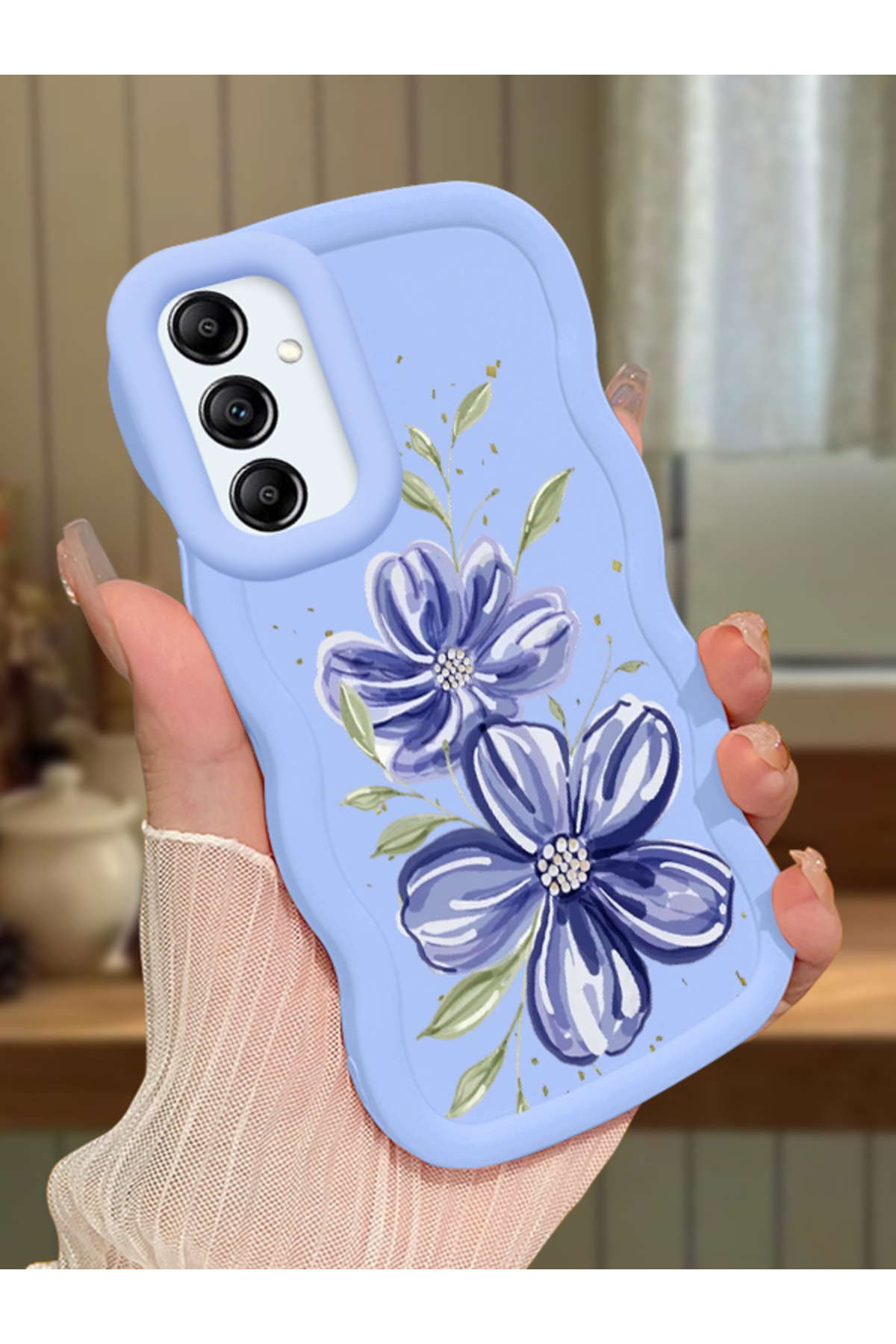 Samsung Galaxy A14 Compatible Case Camera Protector Blue Silicone Couple Phone Case Floral Pattern