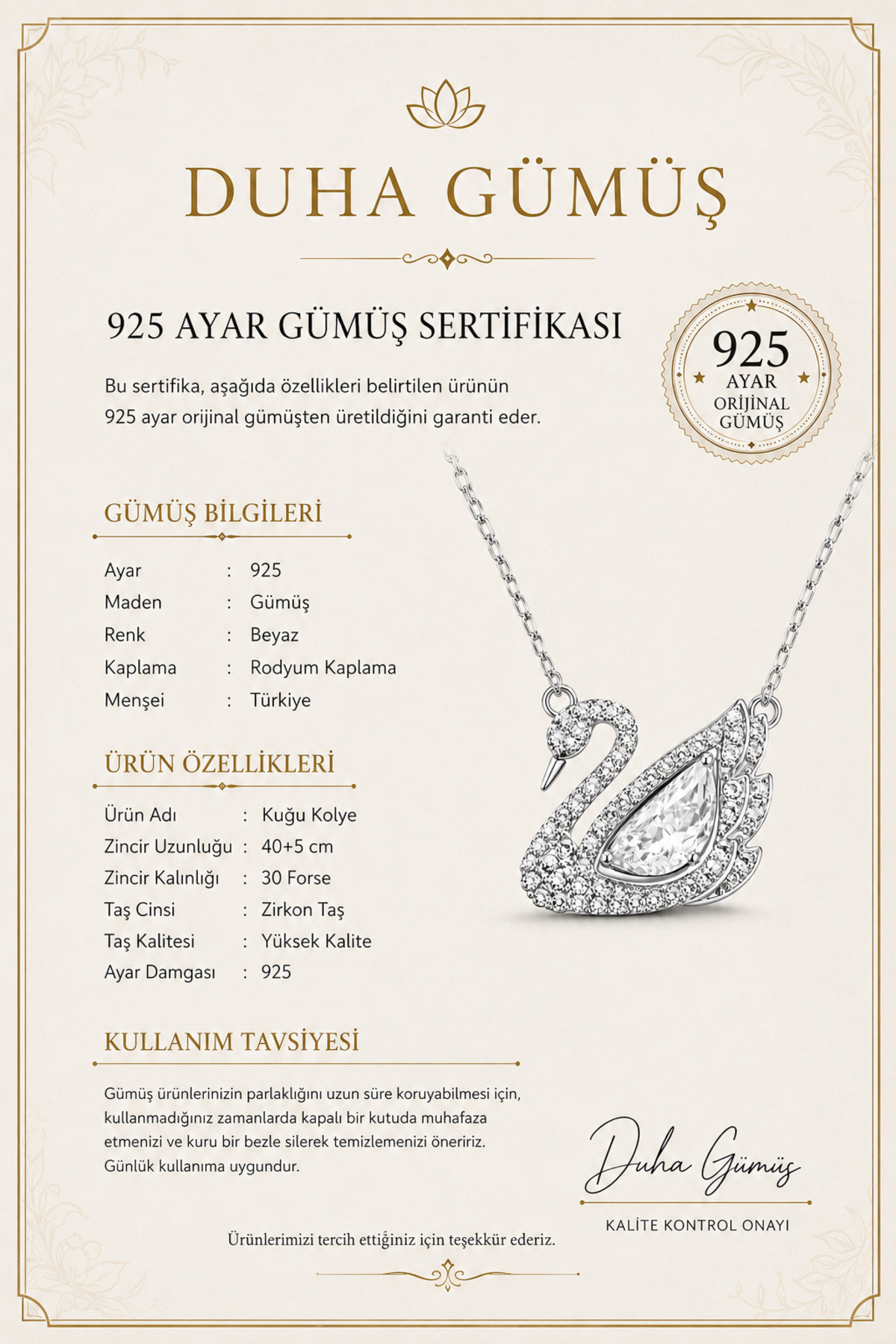 DuHaGüMüş 925 Ayar Gümüş Kuğu Kolye | Zirkon Taşlı Zarif Kadın Kolyesi | Rodyum Kaplama | 40+5 cm görsel 5
