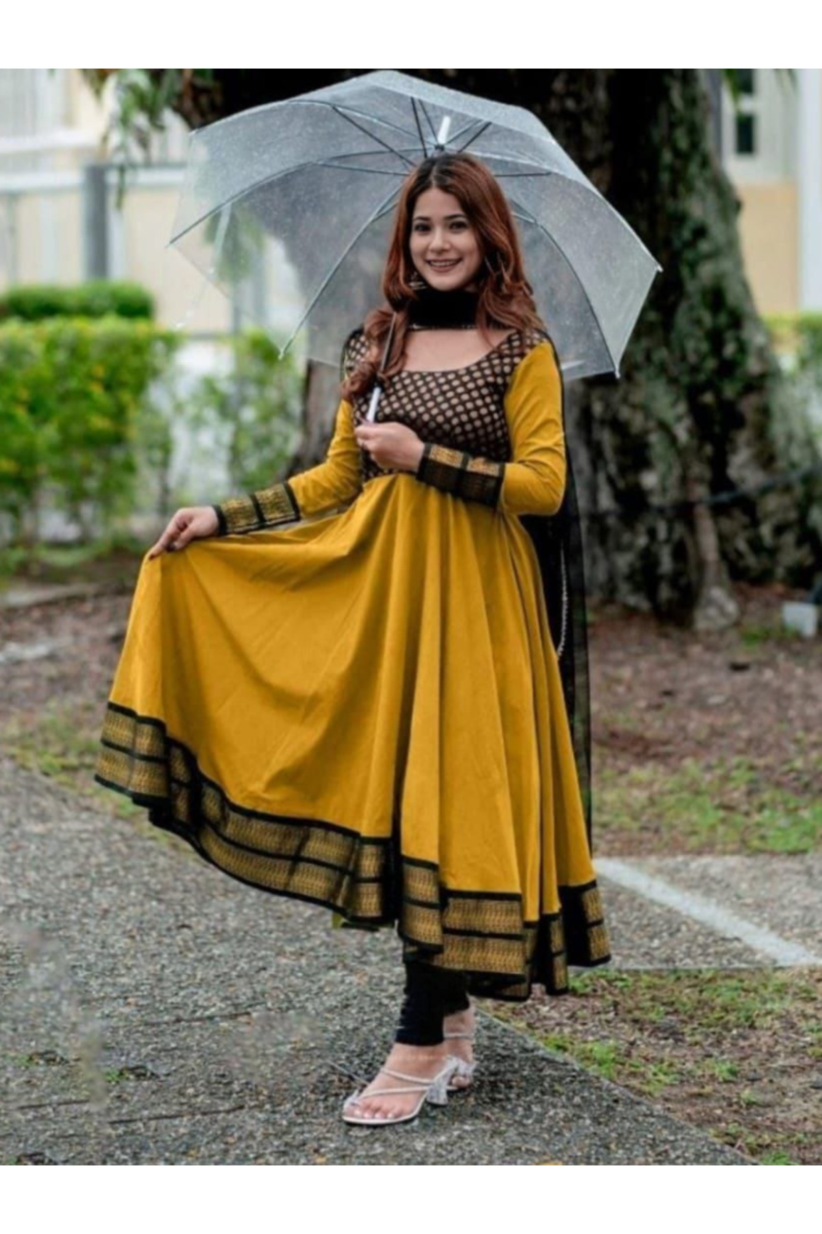 MYSMAR Yellow Vichitra Silk Umbrella Gown Set - FFT8769 | Yellow-Size:(S-36-Inches)