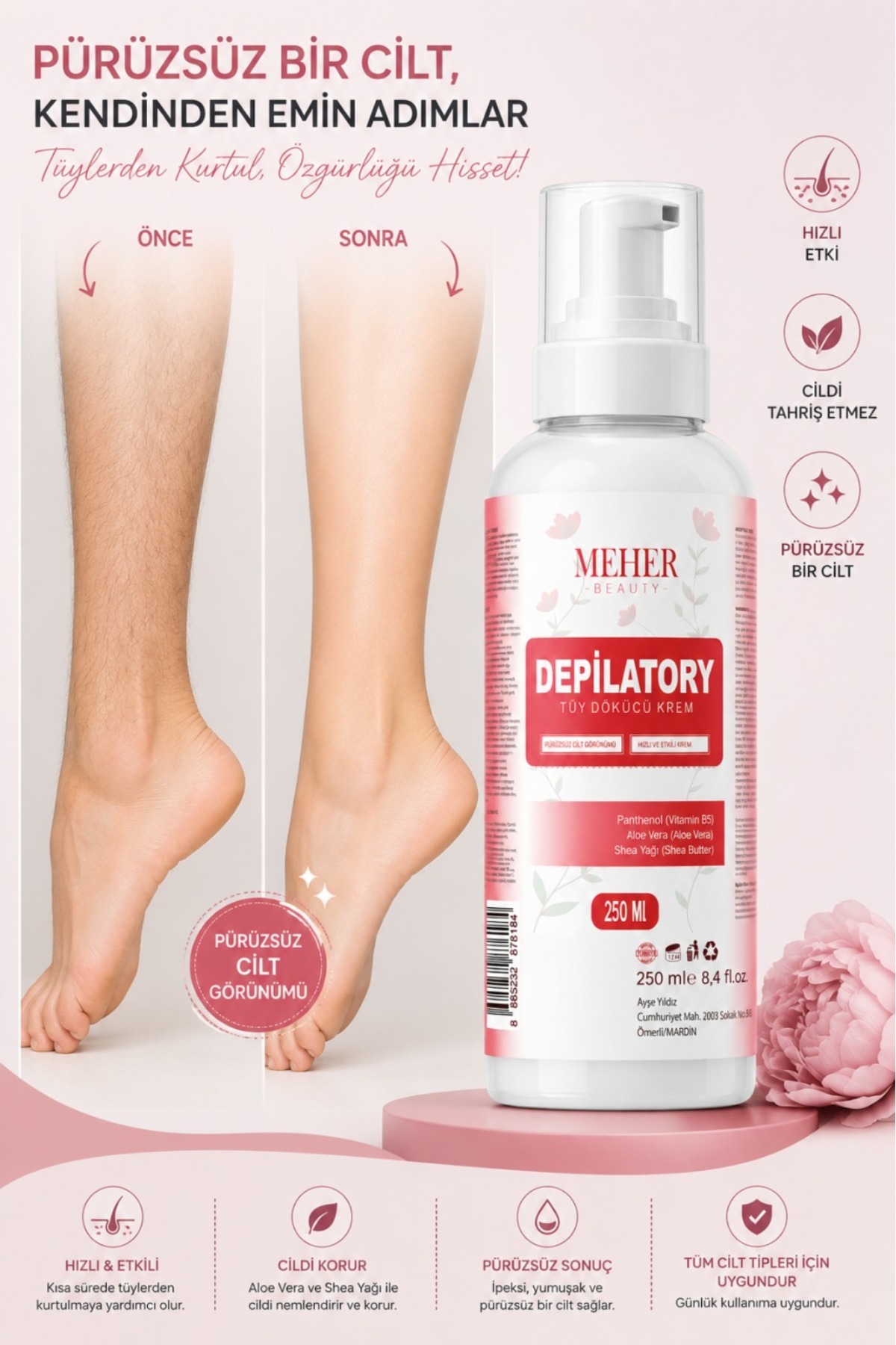 MEHER BEAUTY Professional Bacak & Vücut Tüy Dökücü Krem Güzel Koku Tüm Cilt Tipleri İçin 250ml — 56561