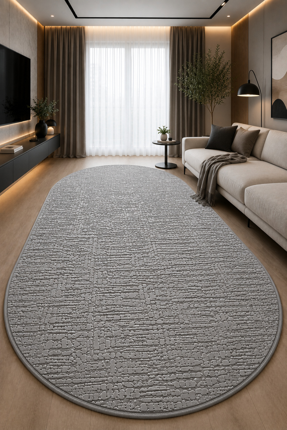 Relief Zeo Oval Cut Anti-Slip Floor Washable Living Room Corridor Kitchen Carpet Runner Rug Grey