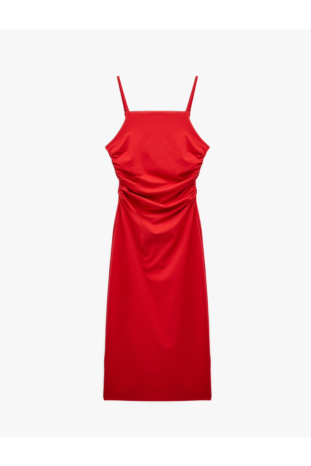 Slim Fit Kare Yaka İp Askılı Drapeli Midi Elbise