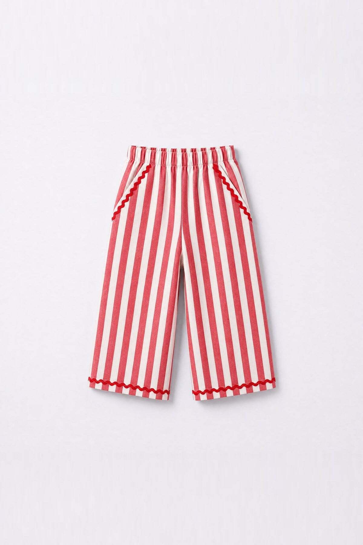 Magu Girl's Cotton Red Striped Wide-Leg Pants
