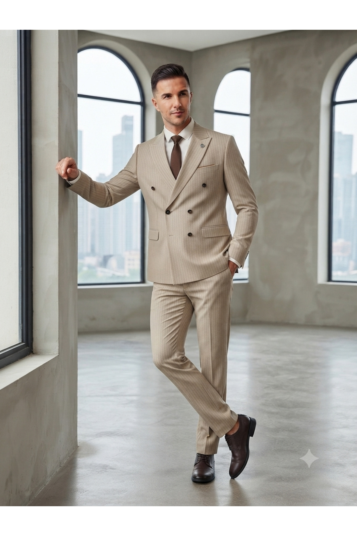 Koyu Bej Çizgili Slim Fit Dar Kesim Kruvaze Takım Elbise — بژ 111112255