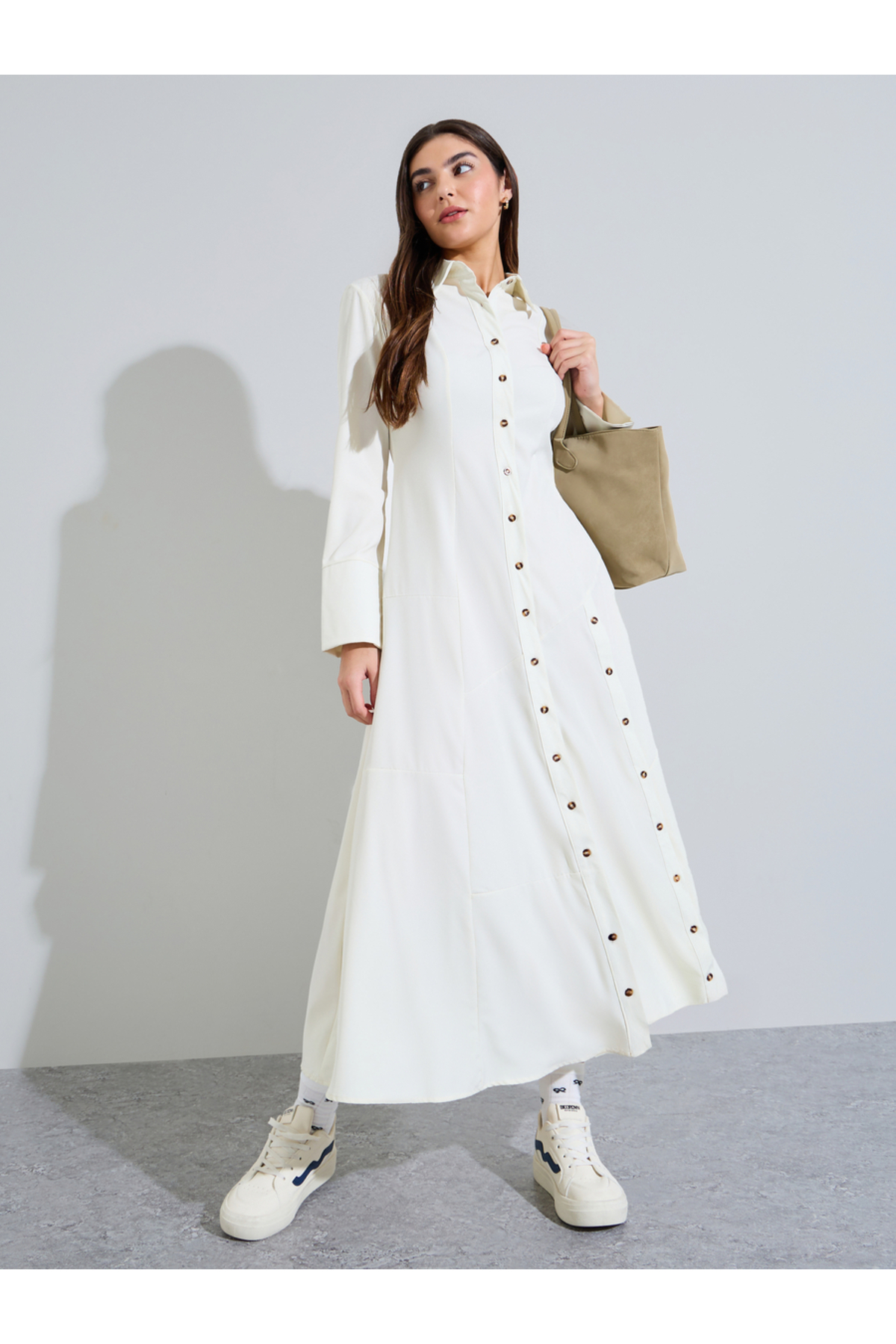 Styli Off White Button-Down Shirt Maxi Dress