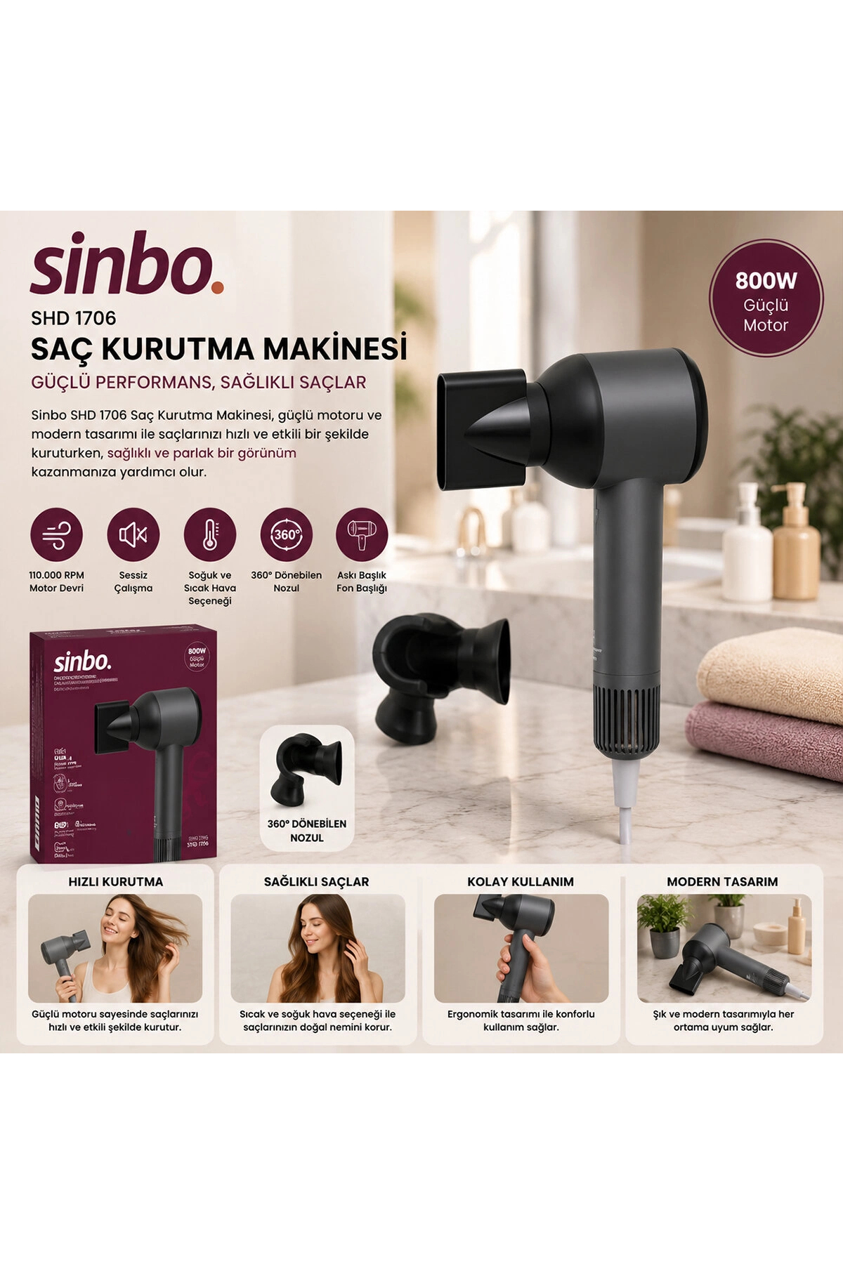Livenda Sinbo Saç Kurutma Makinesi - Gri Renk - Sessiz Çalışma Özelliği — P13154S9298