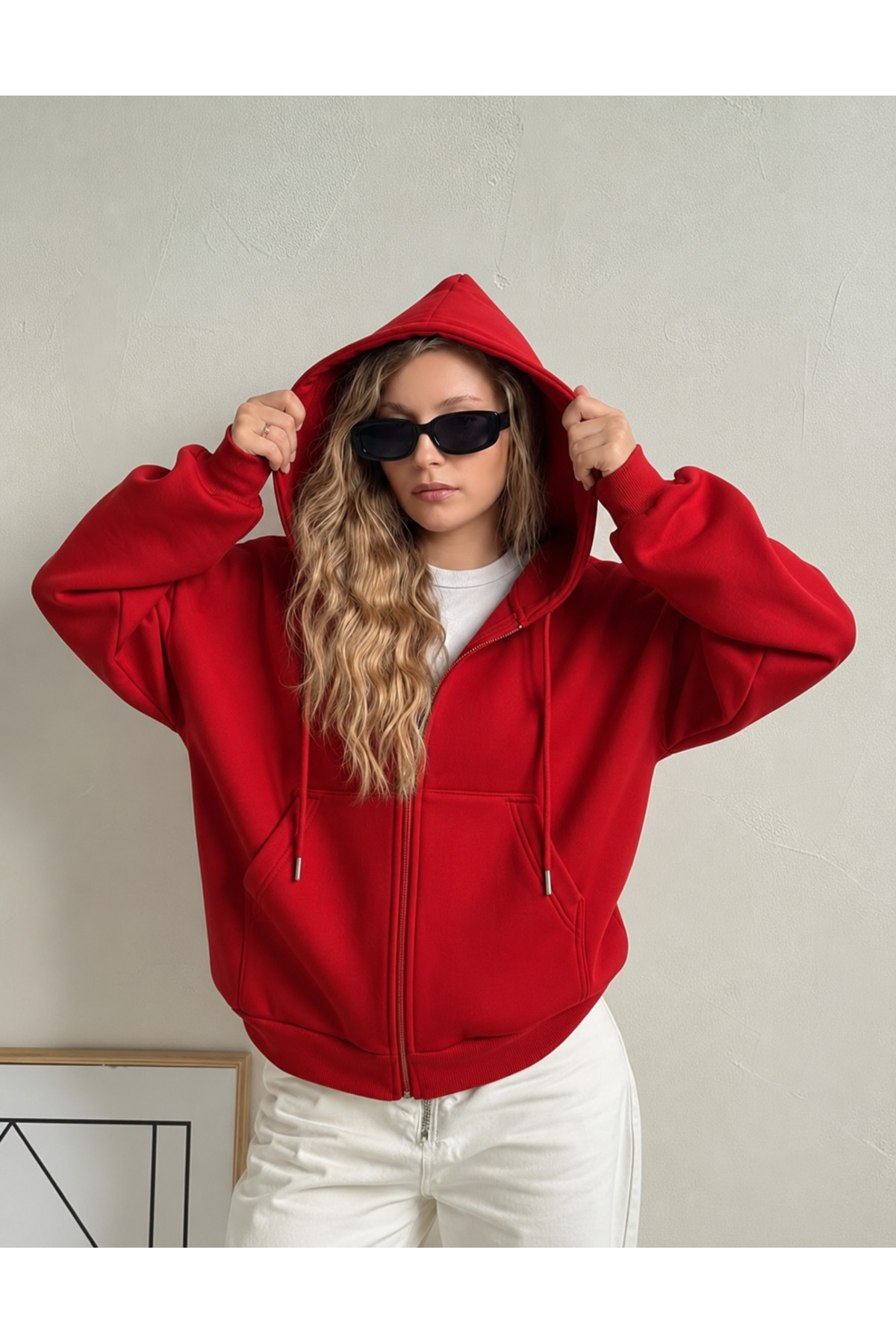 YAKAMEL KADIN 3 İPLİK KAPÜŞONLU FERMUARLI OVERSİZE SWEATSHIRT HIRKA görsel 2