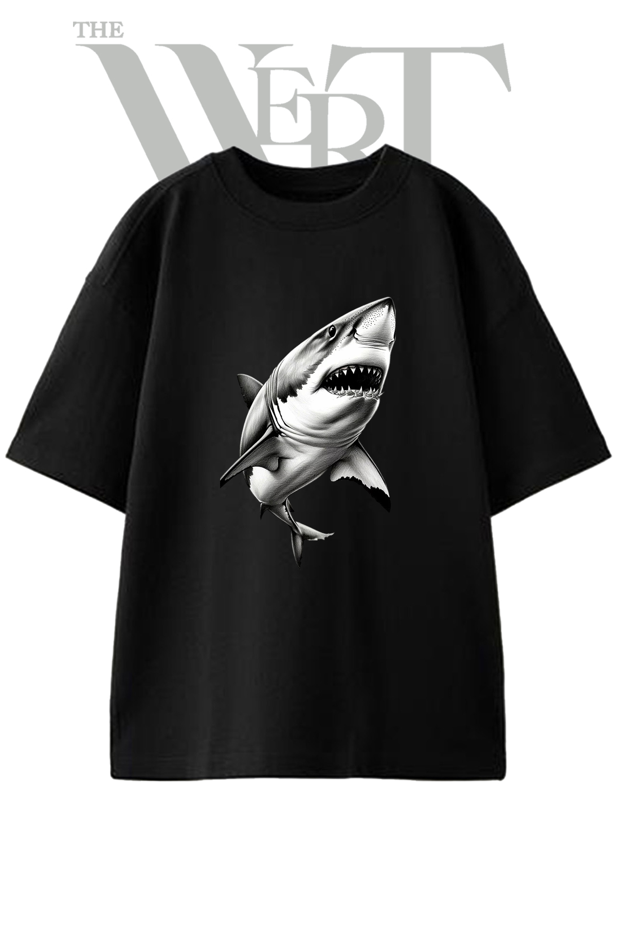 THEWERT Great White Shark_1 Design Printed Unisex Black Oversize T-Shirt