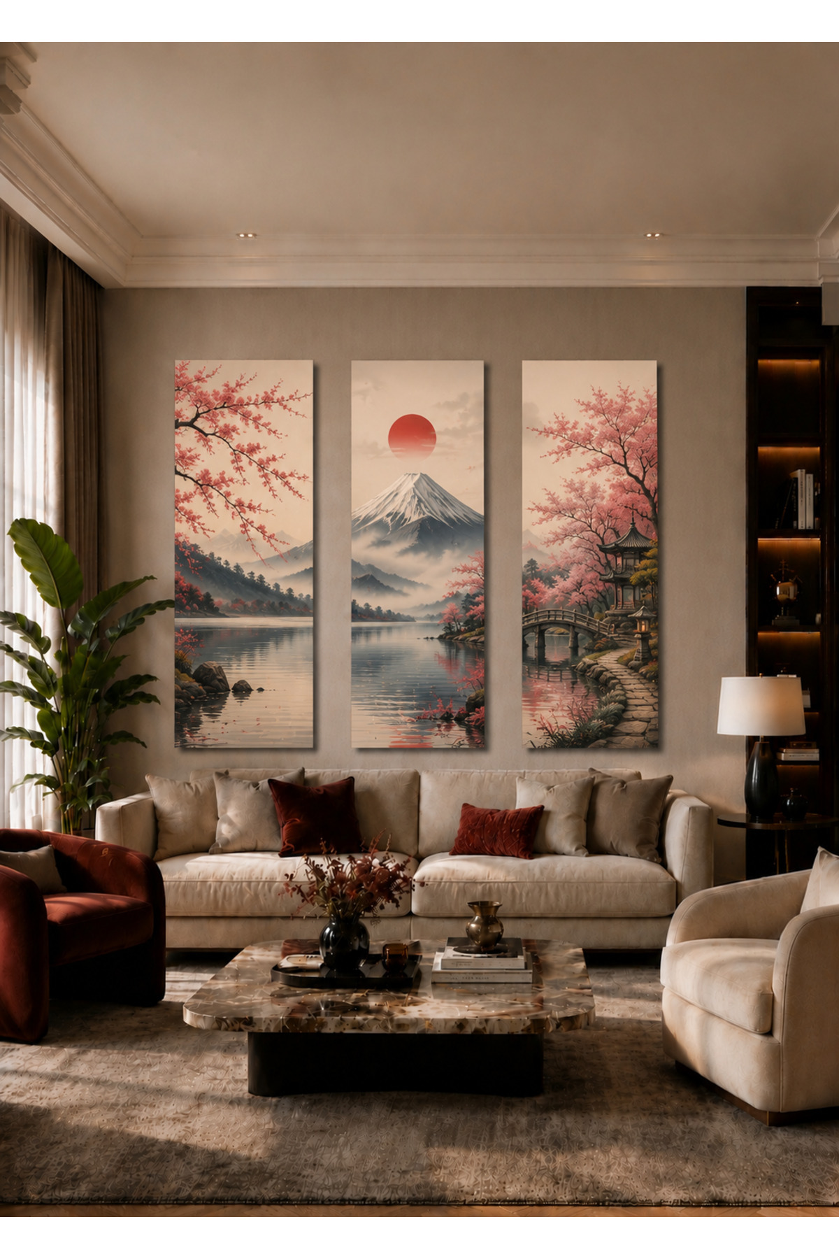MDF Tablo Kuzey Işıkları ve Dağ Gölü Temalı 3’lü Set – Salon Duvar Dekorasyonu MDF Tablo Fuji Dağı ve Japon Kiraz Çiçekleri Temalı 3’lü Set – Salon Duvar Dekorasyonu